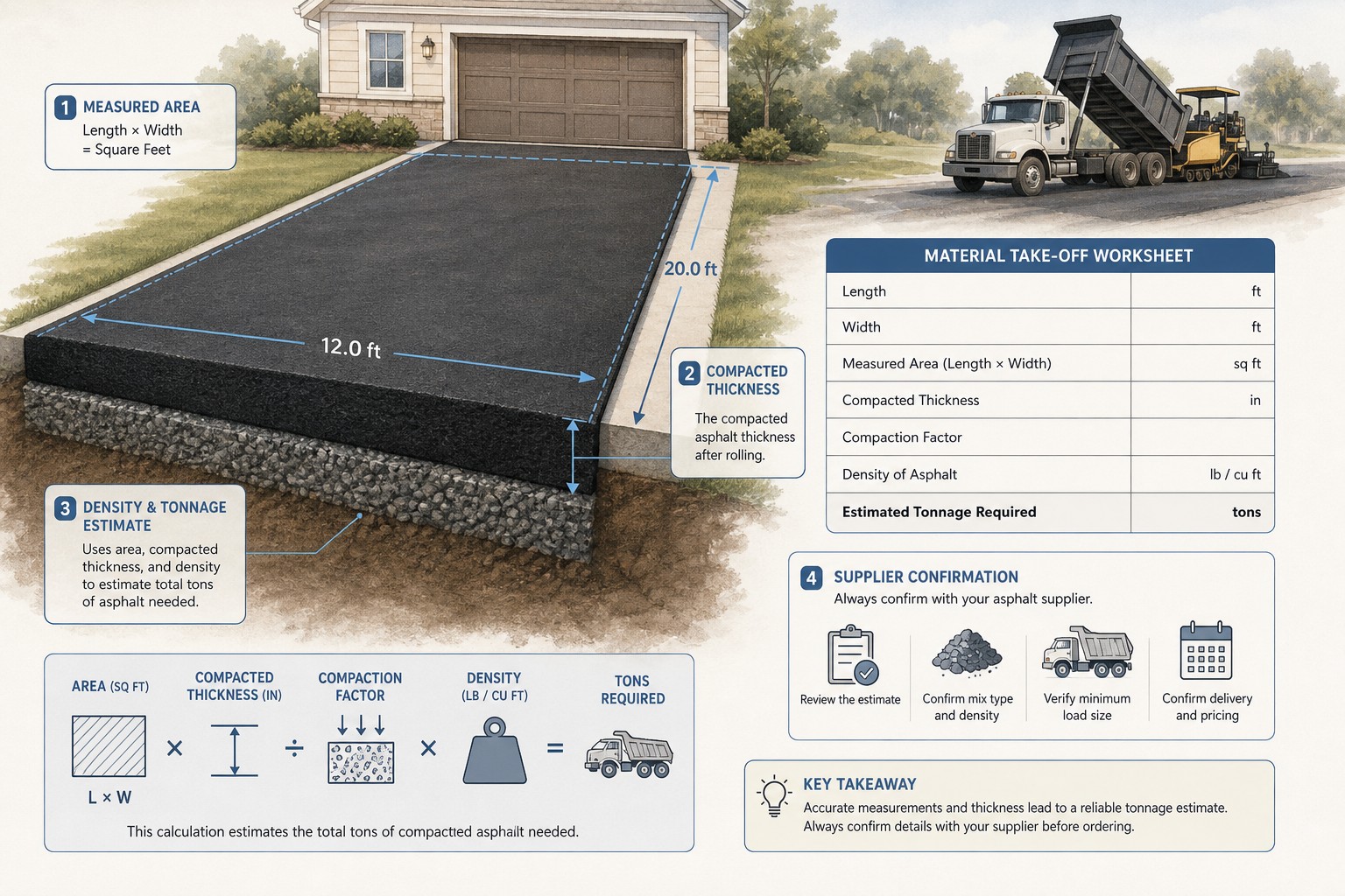 Illustration of a measured rectangular asphalt paving area, a depth measurement, and a paving quantity worksheet with volume and tonnage checks.