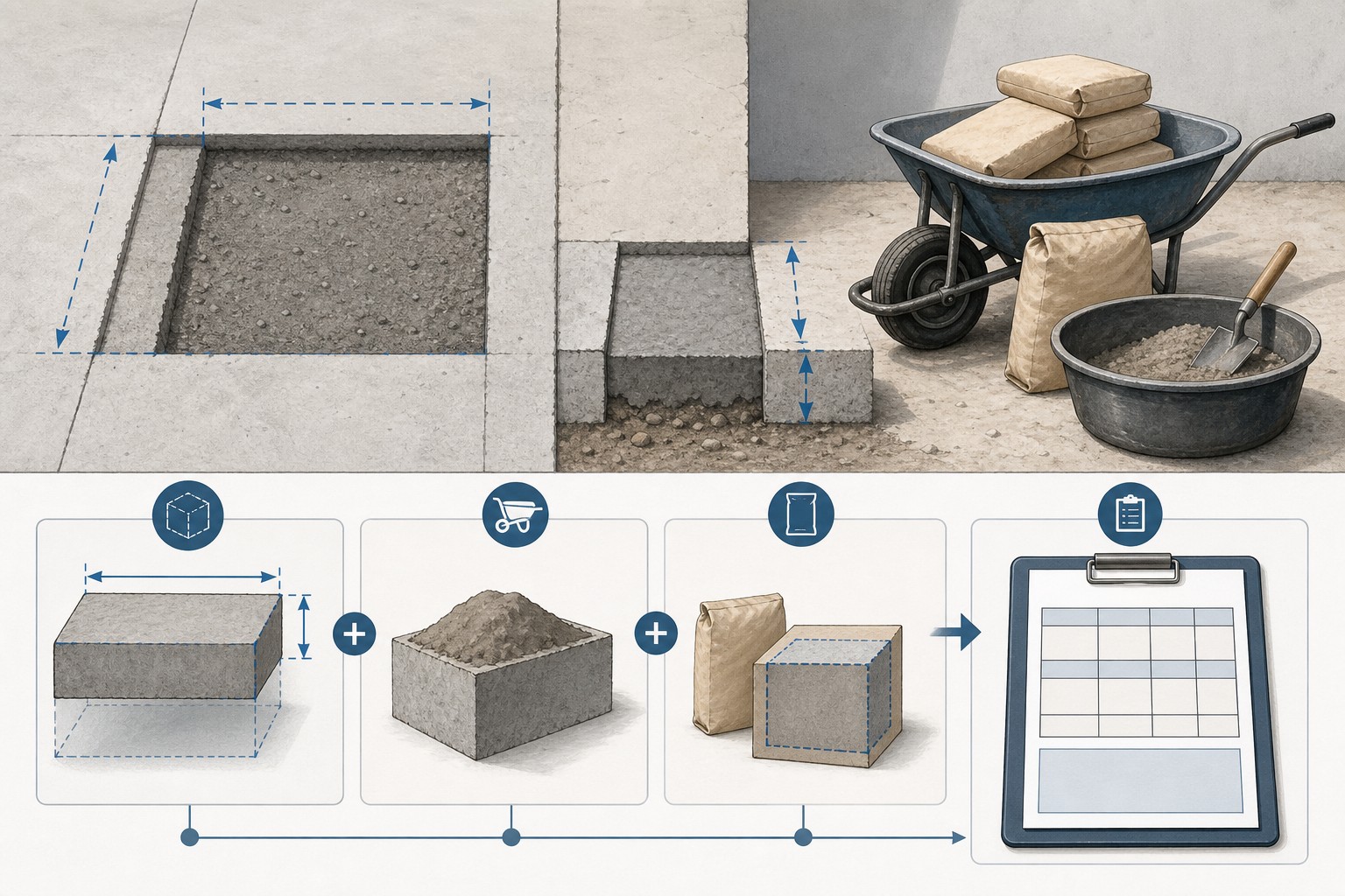 Illustrated cement quantity worksheet showing a measured rectangular zone, entered ratio parts, bag size, and separate cement, sand, and aggregate outputs.