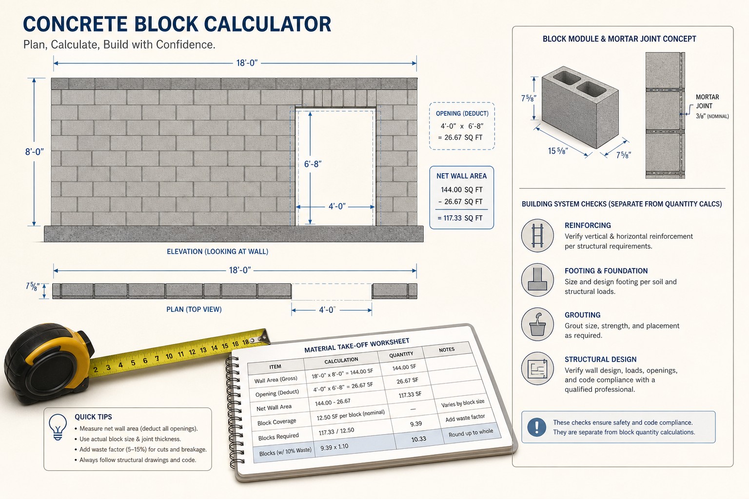 Illustration of a measured concrete-block wall with course lines, an opening, block dimensions, mortar-joint notes, and a material takeoff worksheet.