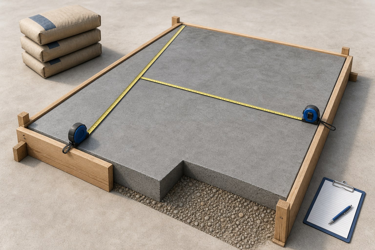 Illustration of a measured rectangular concrete slab with length, width, and depth dimensions used for a material takeoff.