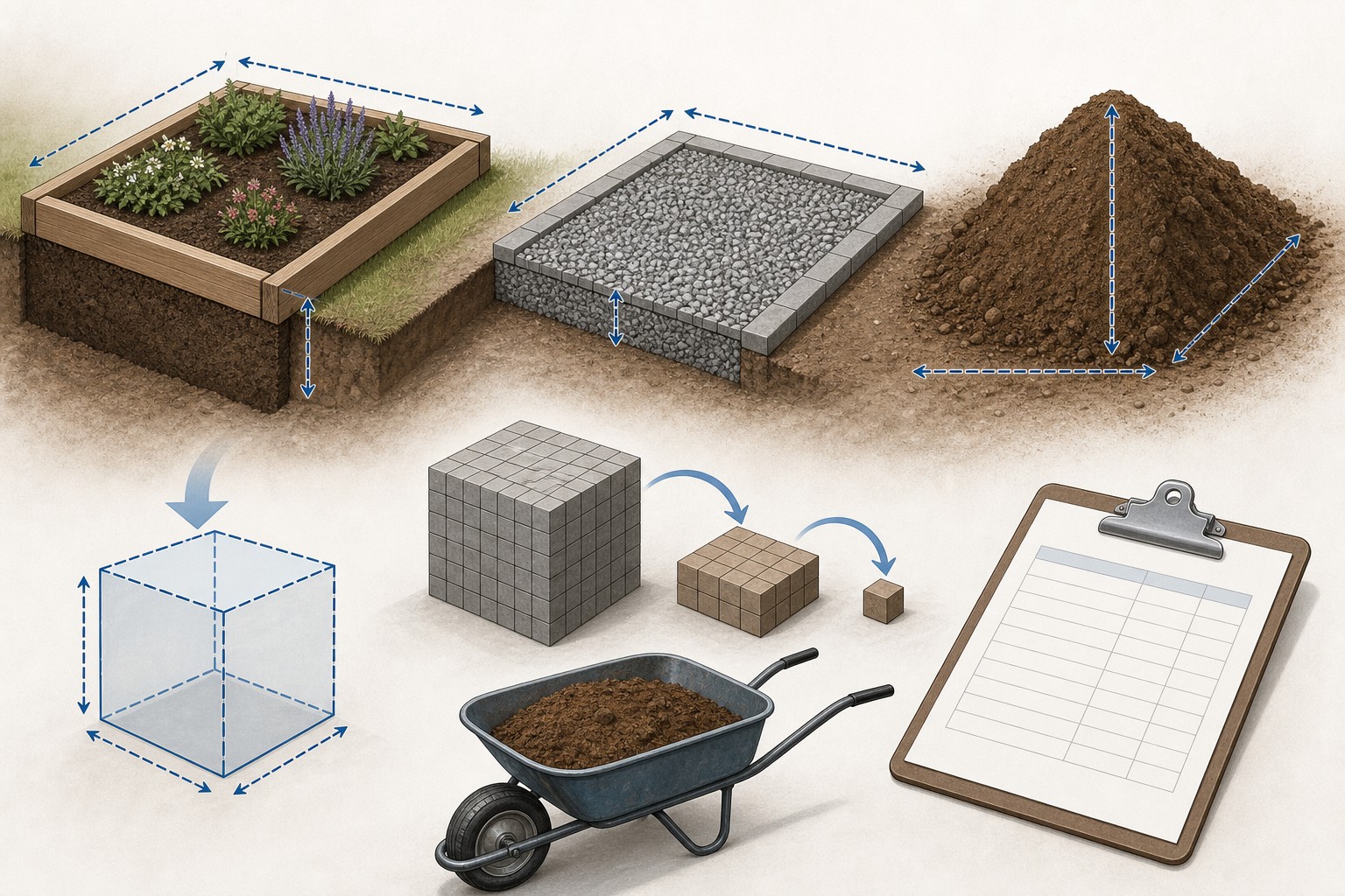 Illustrated material-volume takeoff showing a measured rectangular zone converted from cubic feet to cubic yards, with separate supplier density and delivery checks.