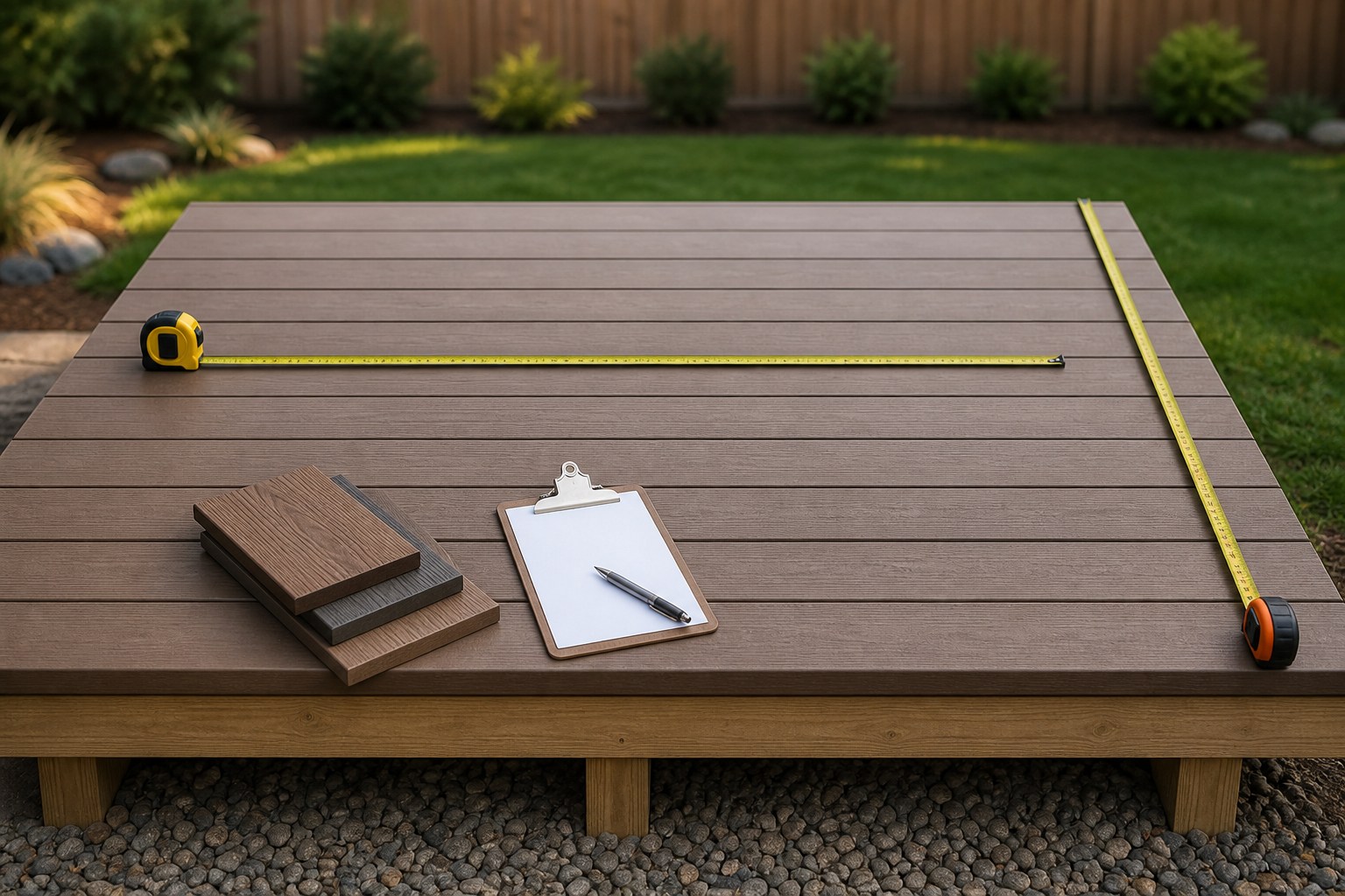 Editorial illustration of a measured rectangular deck surface with parallel deck boards, a tape measure, board-length options, and a material takeoff worksheet.