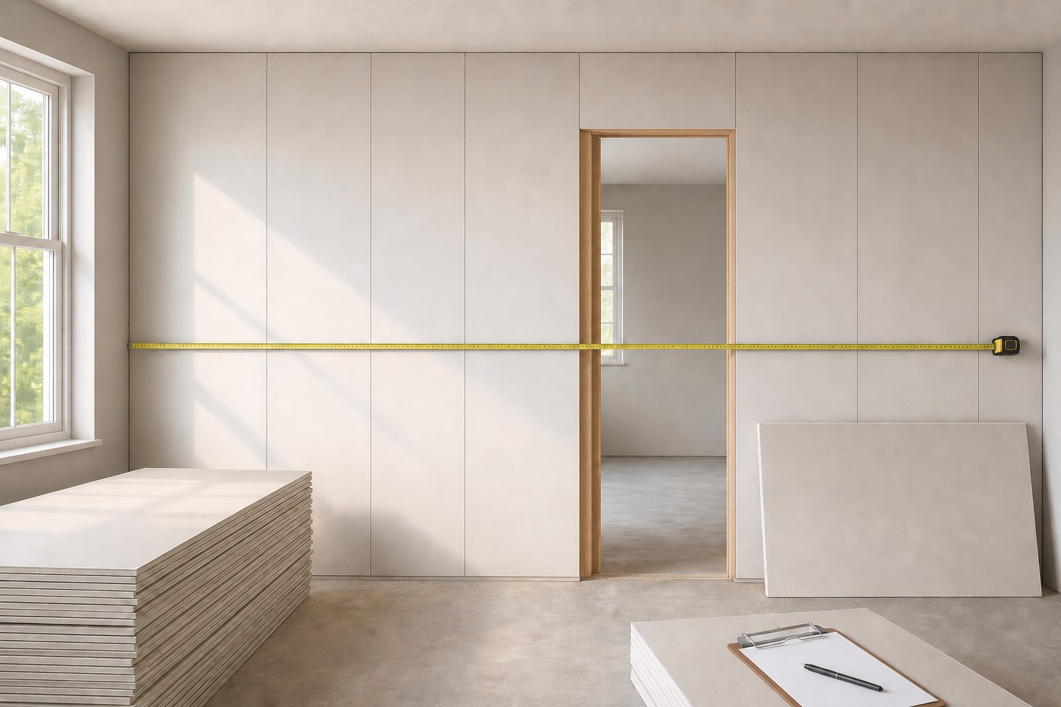 Illustration of a measured drywall wall with panel outlines, a door opening, a window, a tape measure, and a material takeoff worksheet.