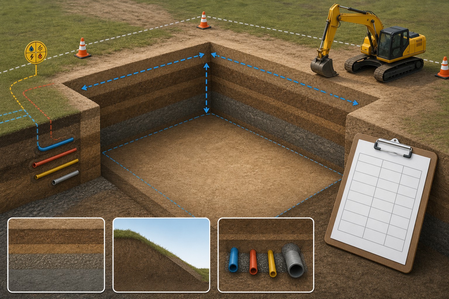 Illustration of a measured excavation outline with depth callouts, a quantity worksheet, and separate in-place and loose-volume notes.