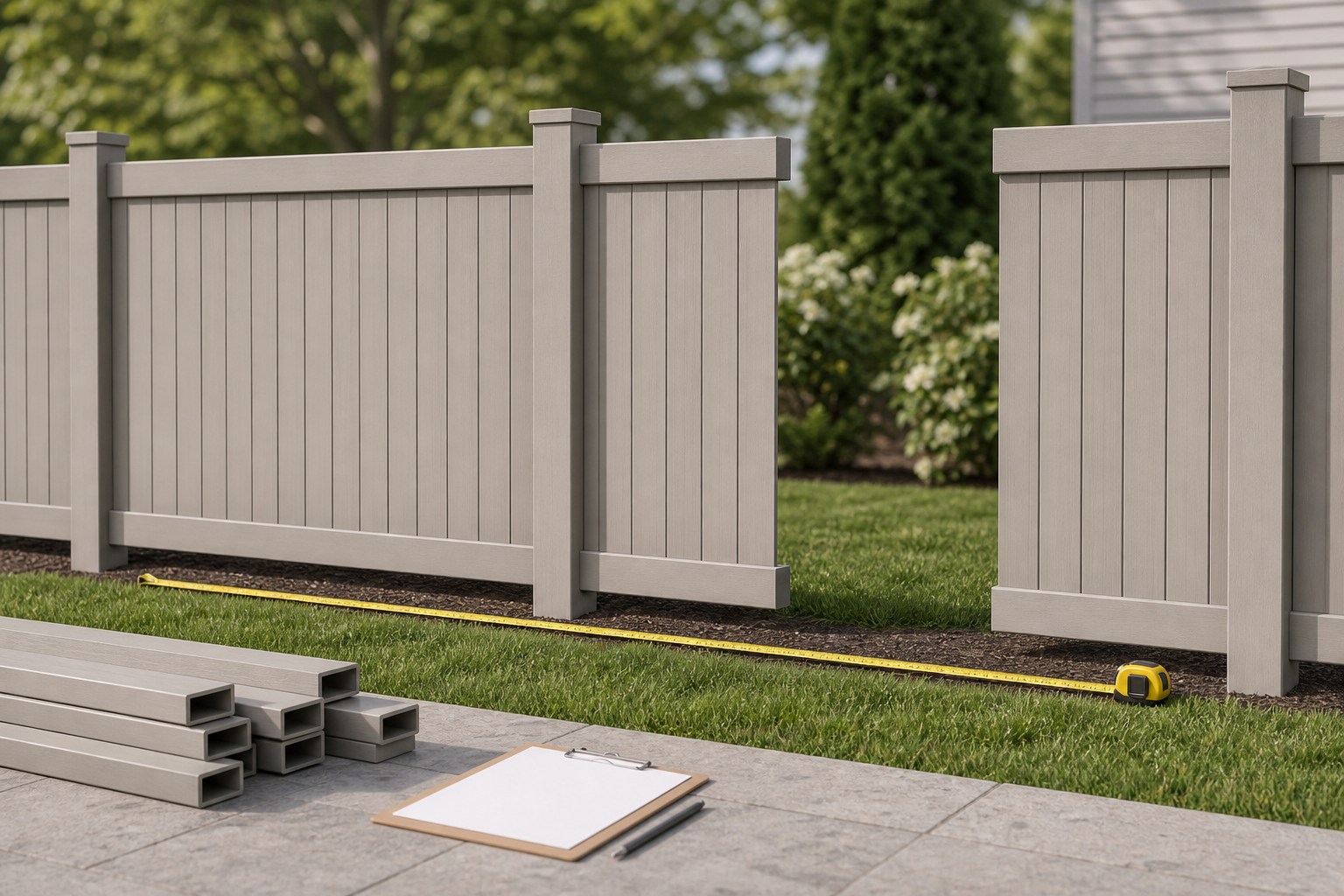 Illustration of a measured fence line with a gate opening, material notes, posts, panels, and a takeoff worksheet.