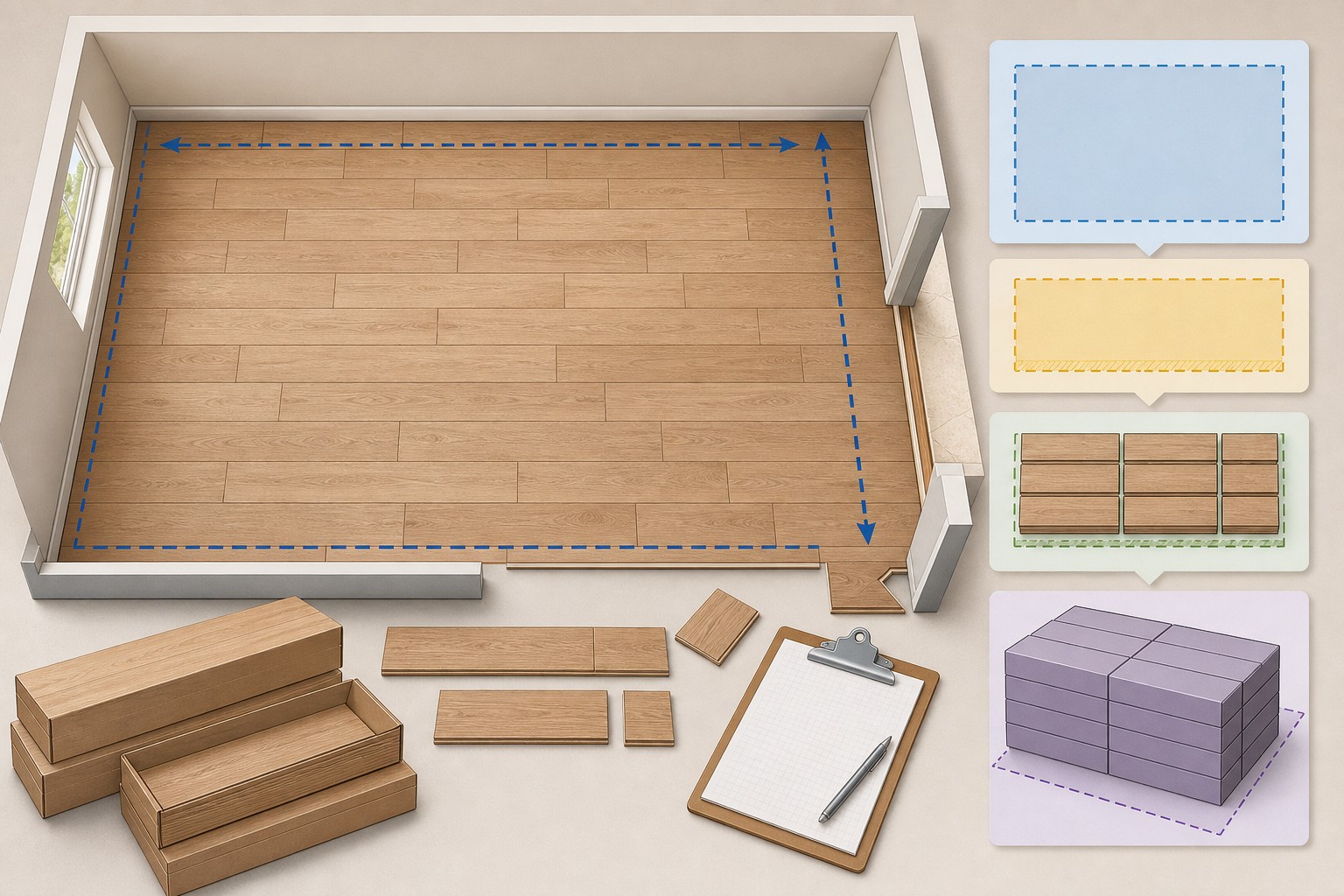 Editorial illustration of a measured room plan, flooring carton label, board dimensions, spare-material note, and a material takeoff sheet.