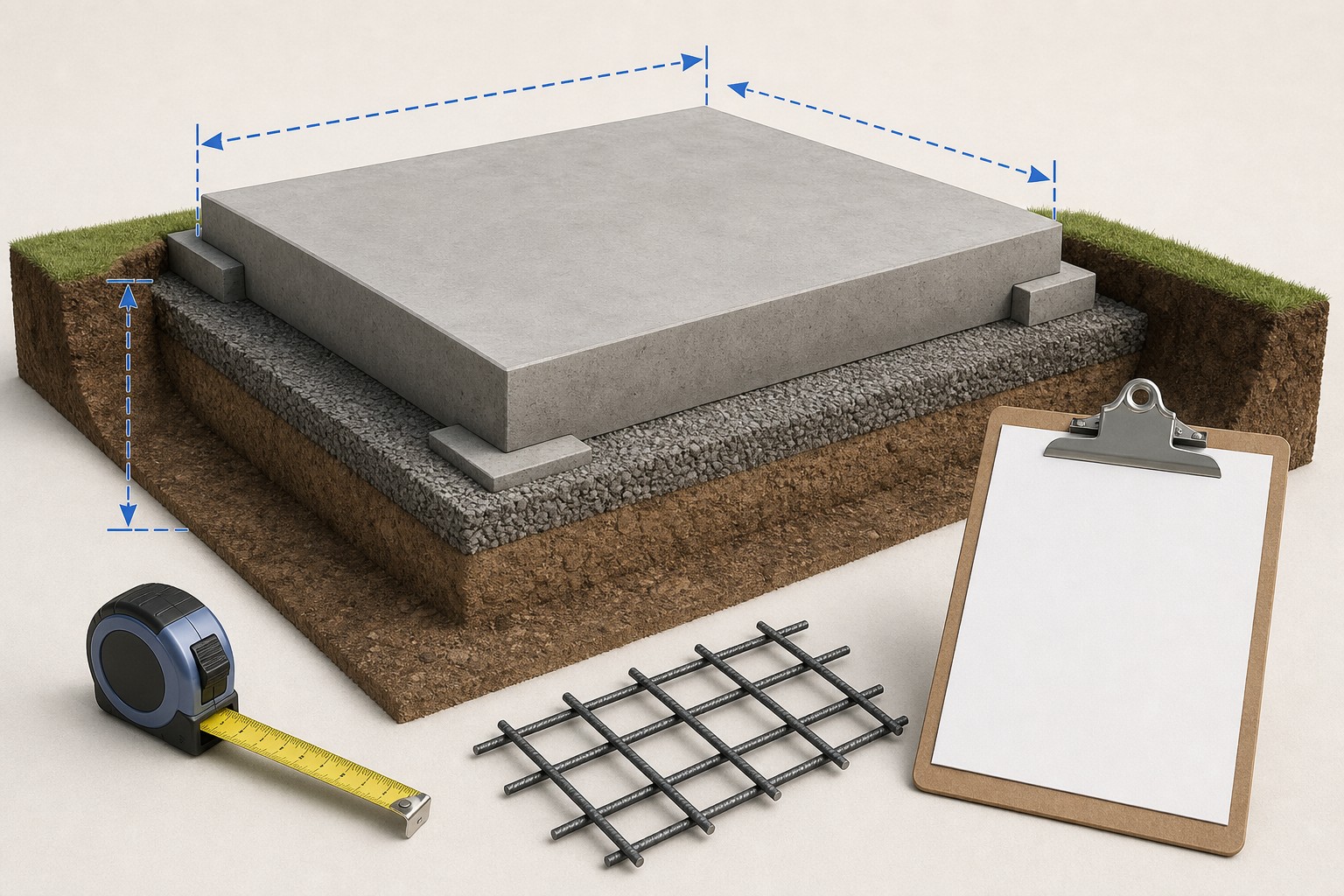 Editorial illustration of a measured foundation material worksheet separating slab, perimeter footing, spot footing, subbase, reinforcement schedule, and an order check.