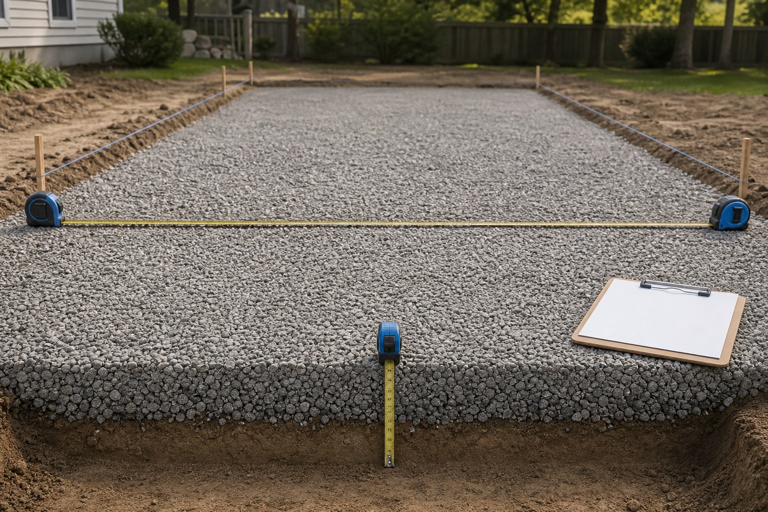 Measured gravel area beside a material takeoff worksheet, showing length, width, depth, and a supplier quantity check.