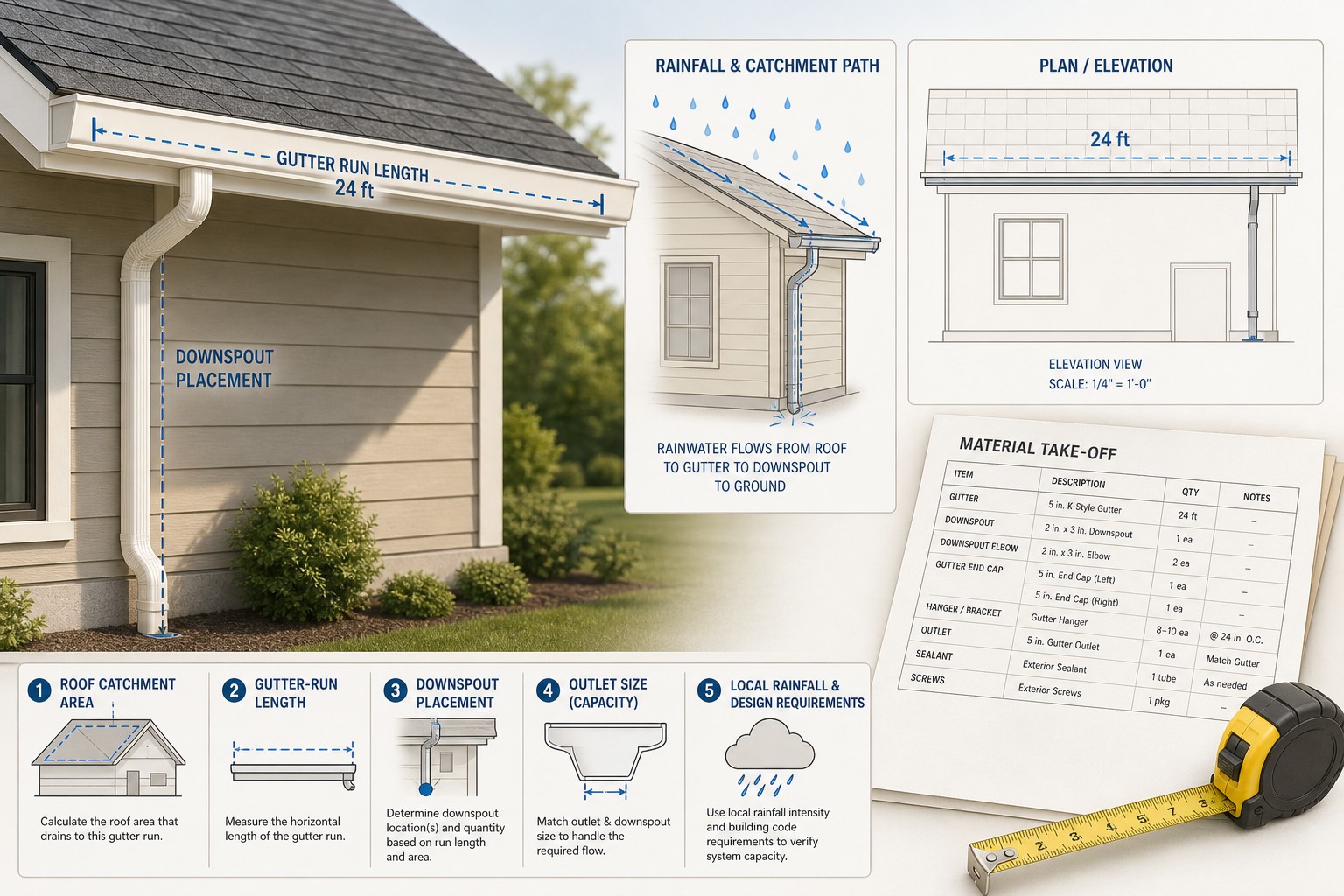 Editorial illustration of a roof edge with labelled gutter runs, a downspout, corners, a tape measure, and a materials takeoff worksheet.
