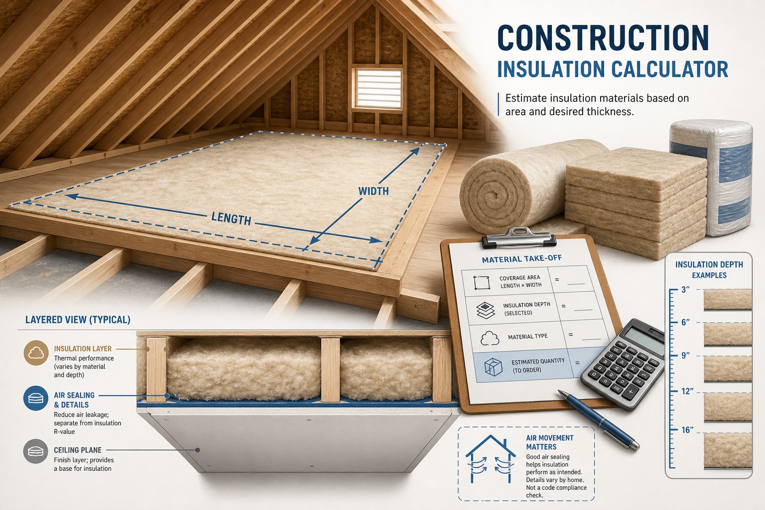 Editorial illustration of an attic insulation takeoff showing measured floor area, an attic hatch, joist bays, insulation packages, a tape measure, and a coverage worksheet.