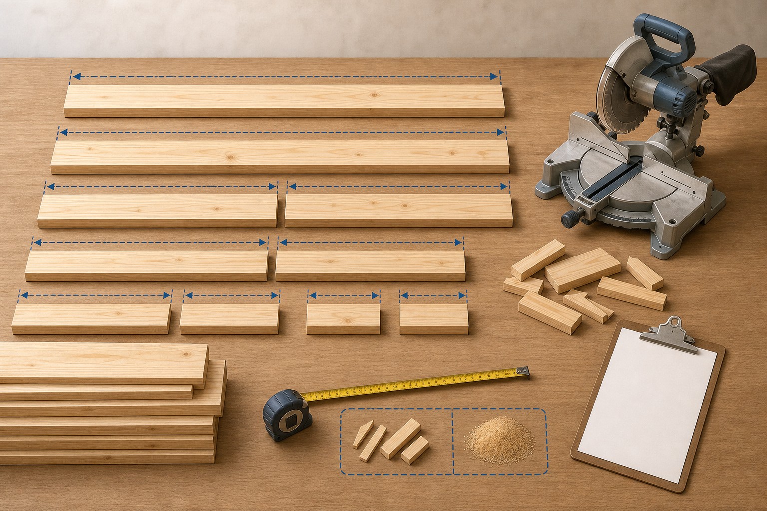 Illustrated lumber cut-list worksheet showing nominal board dimensions, stock length, piece count, board feet, linear feet, and a separate supplier-order check.