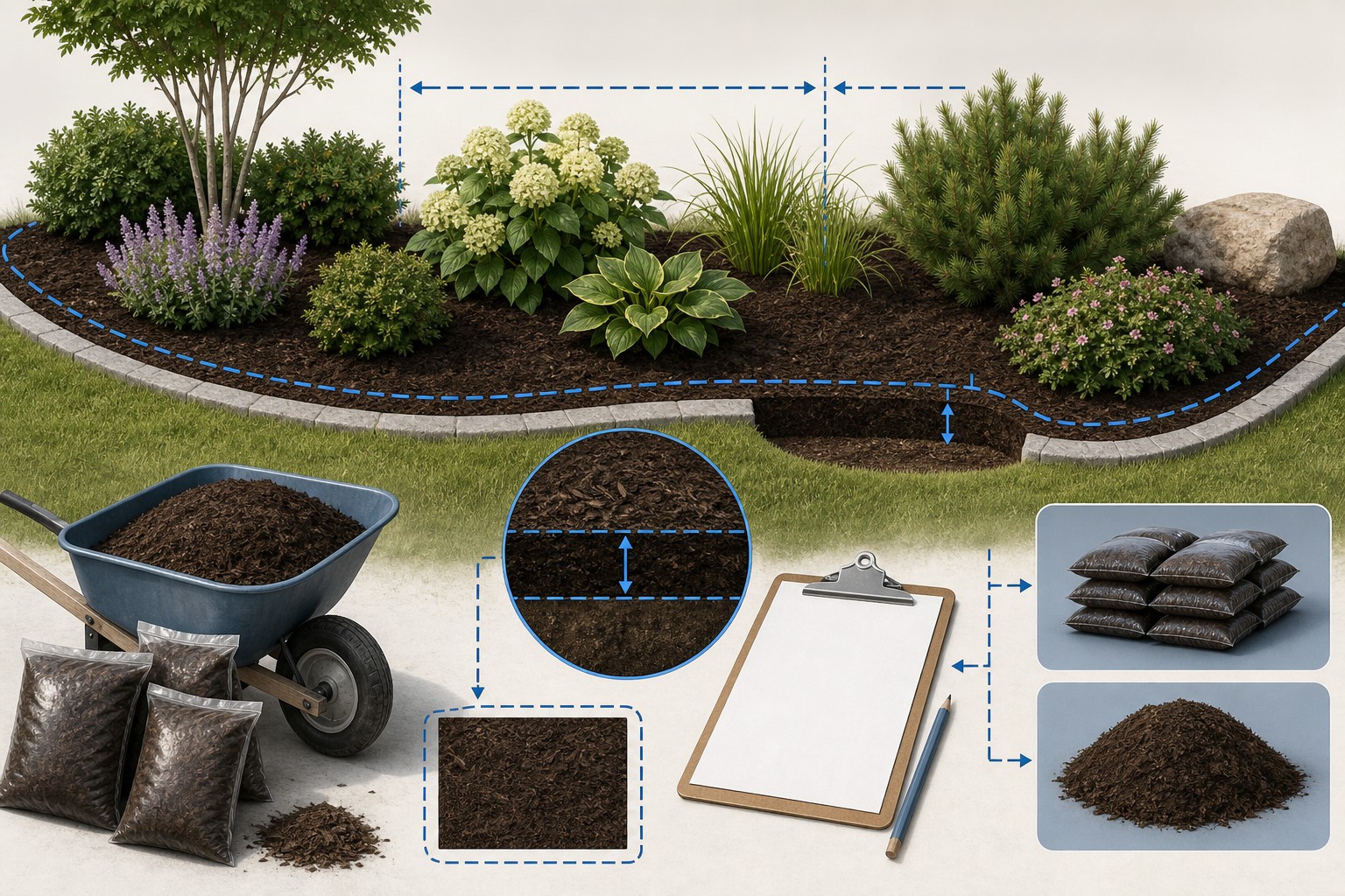 Editorial illustration of a measured garden bed, a circular tree ring, a finished-depth marker, mulch bags, and a cubic-yard order worksheet.