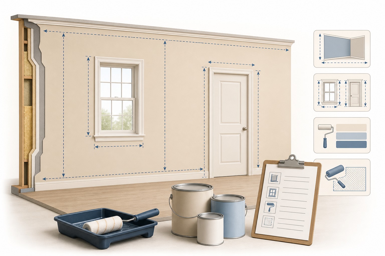 Editorial illustration of a measured room with wall and ceiling surfaces, openings, paint cans, and a transparent coverage worksheet.