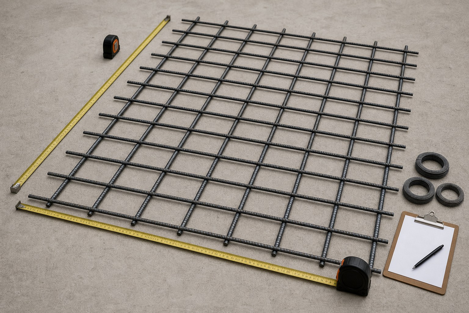 Editorial illustration of a measured reinforcing grid, a marked bar schedule, tie locations, and a transparent material takeoff worksheet.