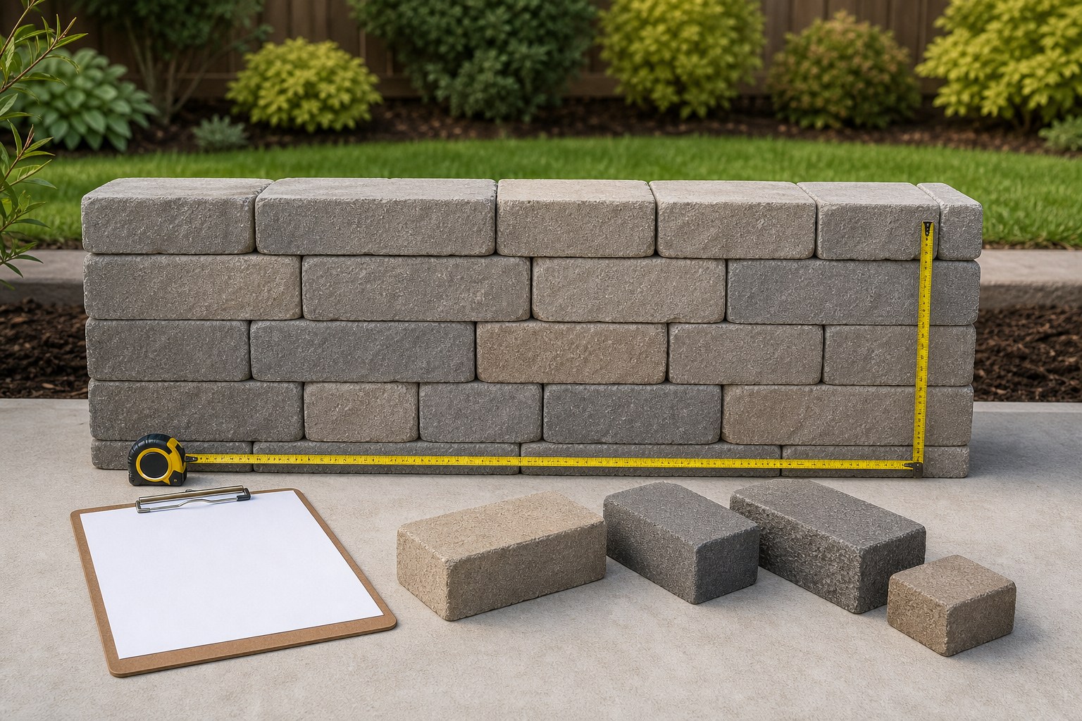 Editorial cutaway illustration of a retaining-wall material worksheet that keeps facing blocks, base, drainage aggregate, pipe, backfill, and documented dimensions separate.