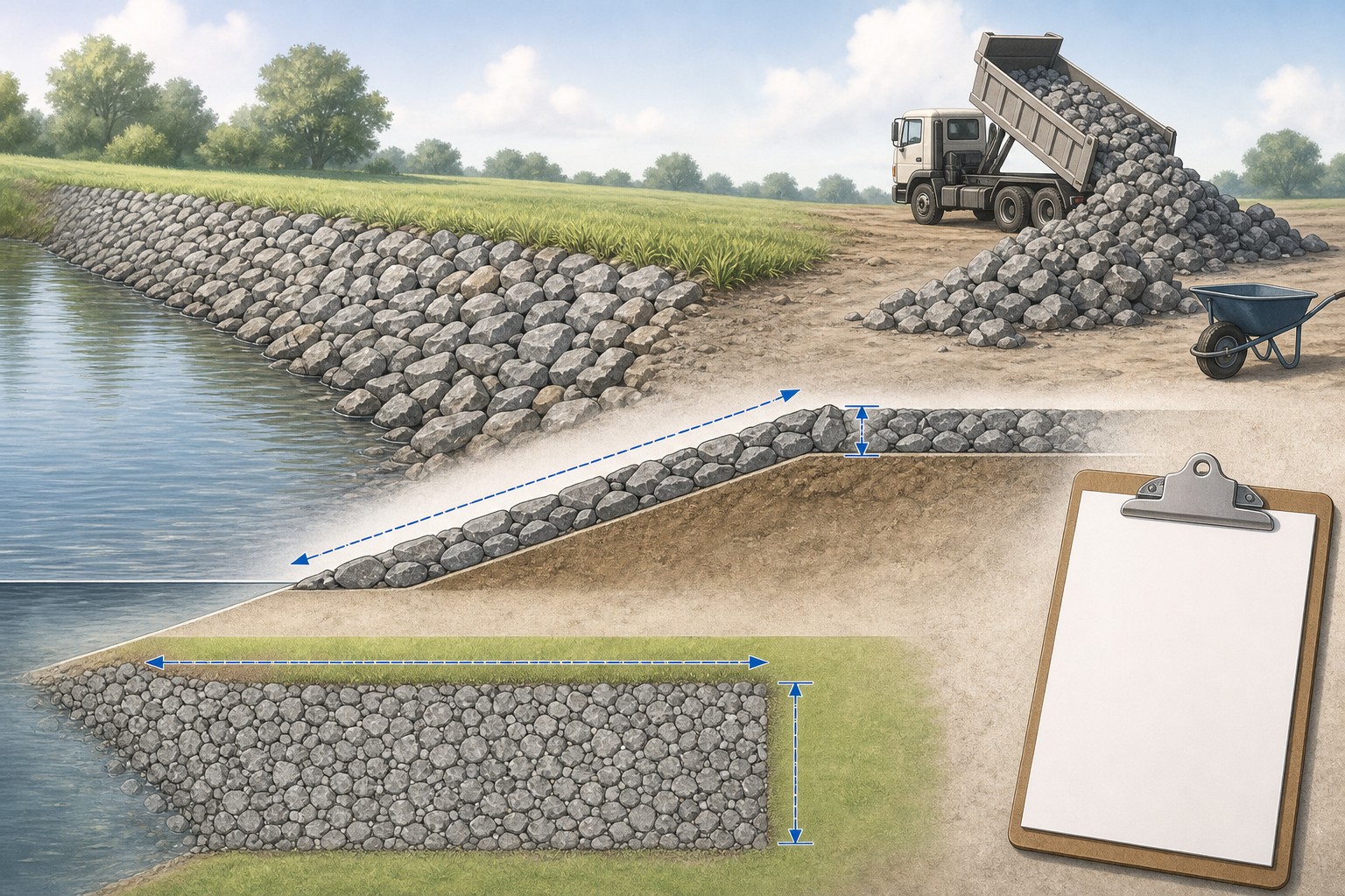 Illustrated riprap slope takeoff showing a measured armored face, a specified rock layer, supplier density, a separate filter layer, and a design-verification boundary.