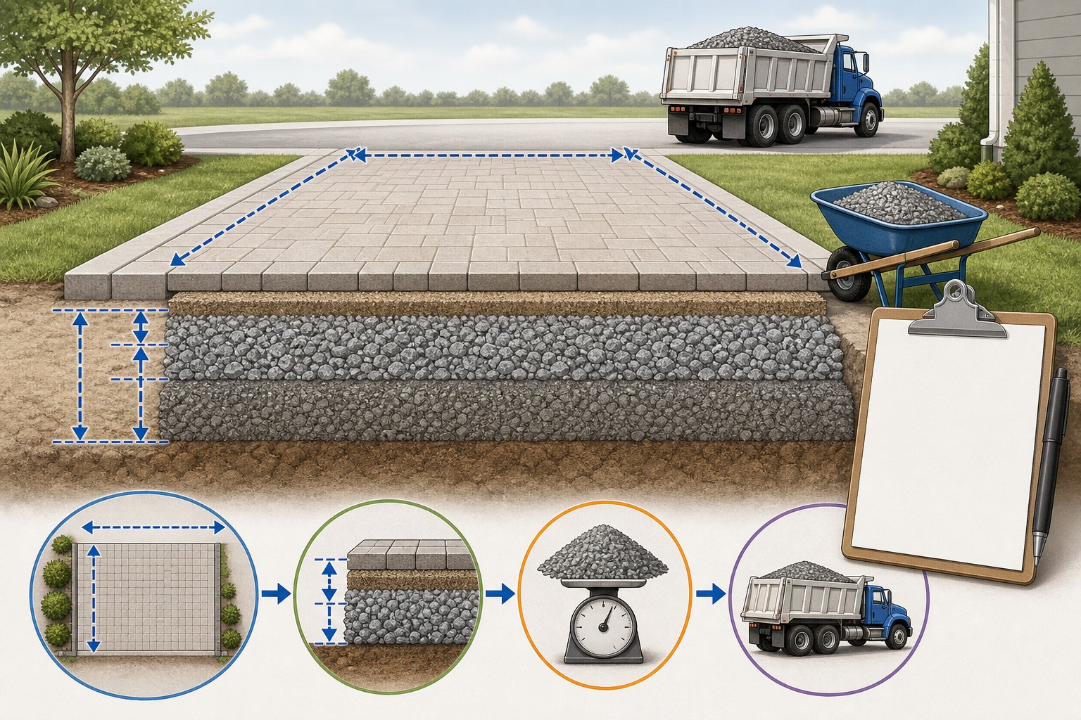 Illustrated road-base takeoff showing a measured driveway footprint, a documented finished layer depth, compacted and loose cubic-yard totals, supplier density, and a separate delivery check.