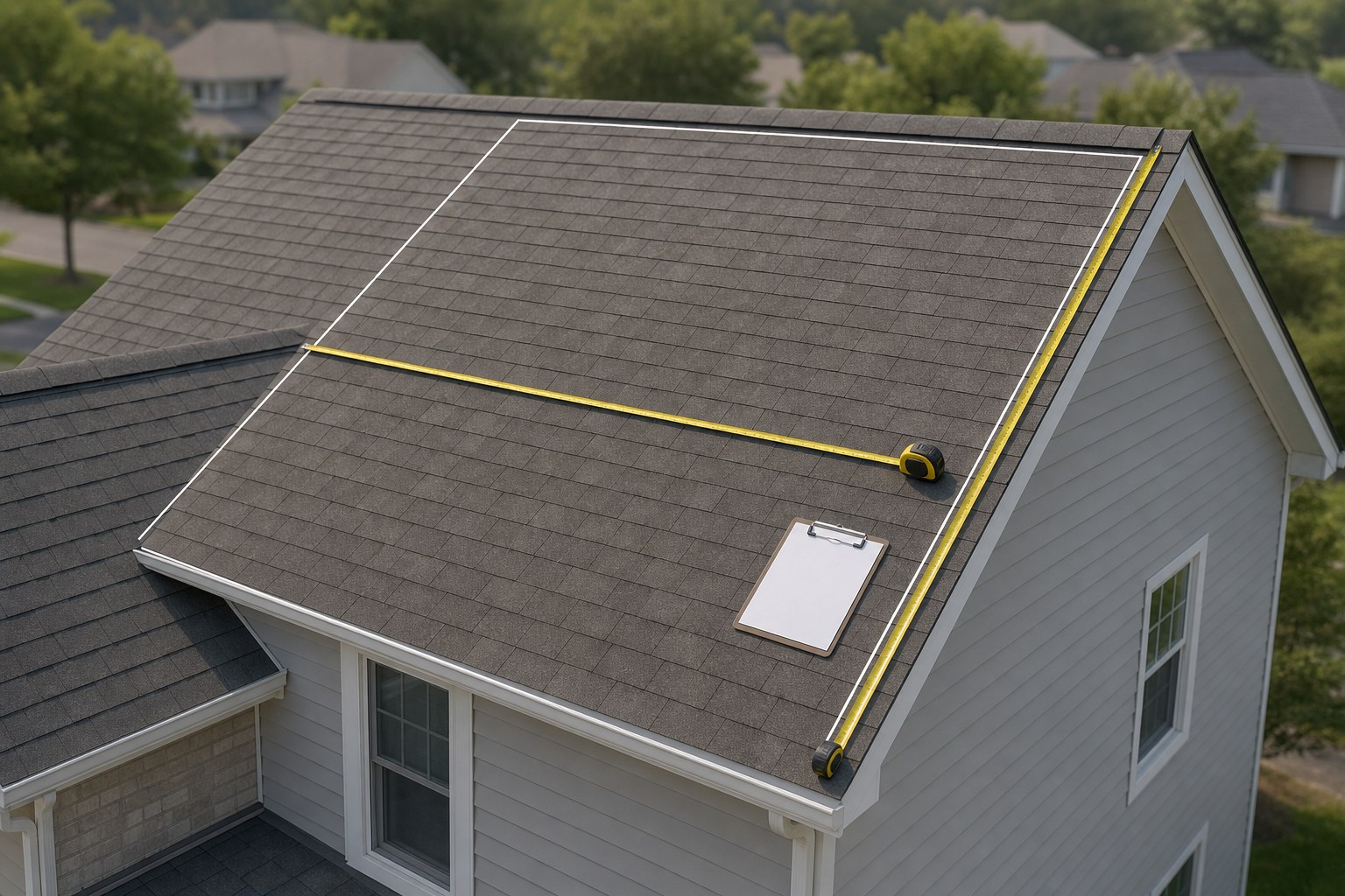 Editorial illustration of a house roof with separately marked roof planes, a pitch gauge, ridge and valley lines, a tape measure, and a roofing material worksheet.