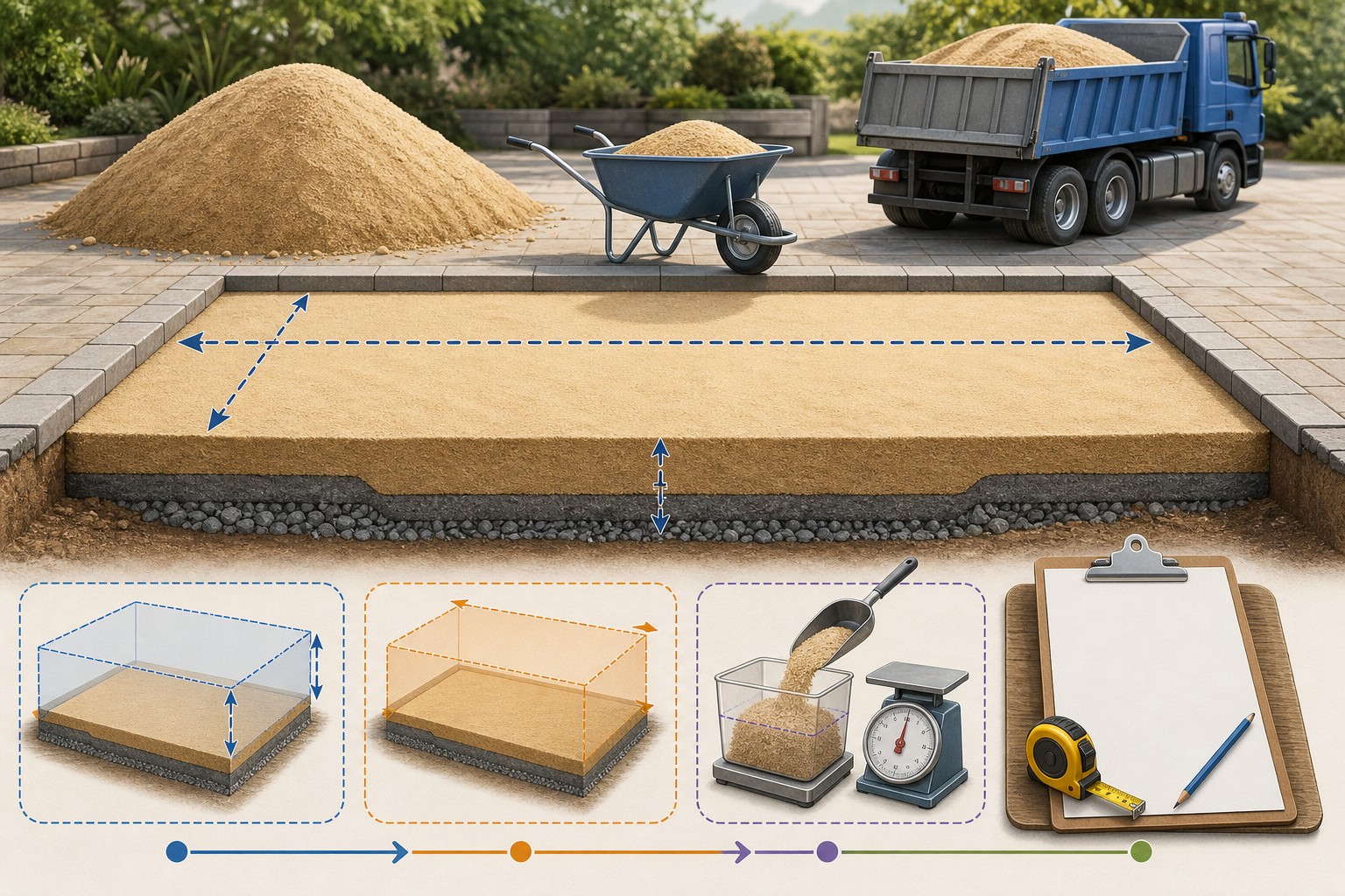Illustrated sand material takeoff showing a measured rectangular layer, depth conversion, adjusted volume, supplier bulk density, short-ton arithmetic, and a separate delivery check.