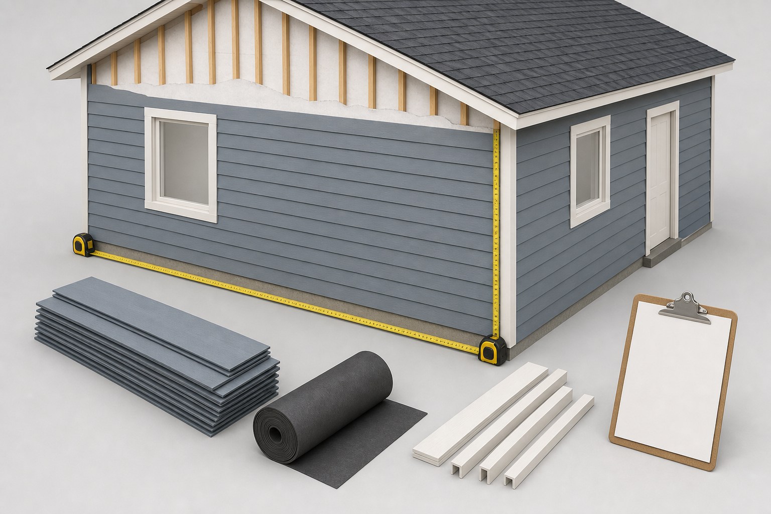 Editorial illustration of a house wall elevation with measured siding zones, window and door openings, material samples, and an organized takeoff worksheet.