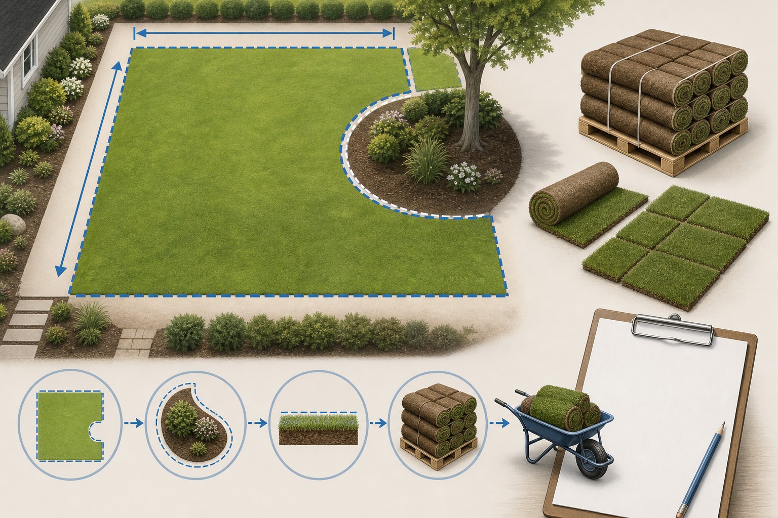 Illustrated sod lawn takeoff showing plantable lawn sections, excluded planting beds and hardscape, a stated cut allowance, supplier unit coverage, and a separate delivery-day check.