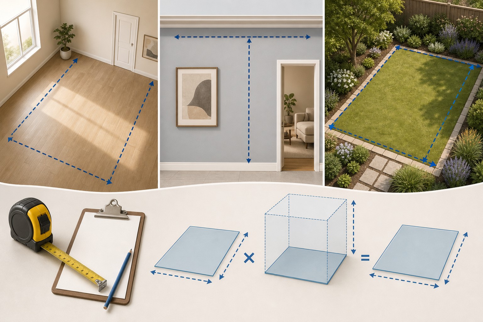 Illustrated area takeoff plan showing an irregular room or landscape space divided into named simple shapes, explicit exclusions, unit conversions, and a separate material-order check.