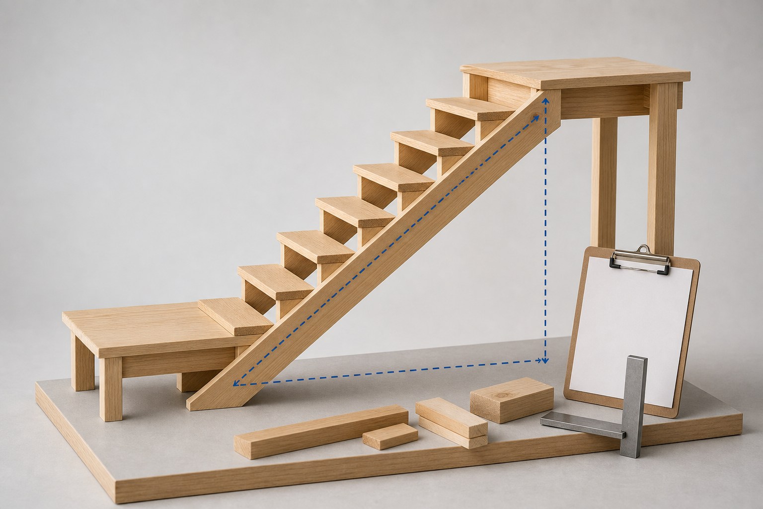 Editorial illustration of a straight stair layout worksheet with a finished-floor rise, tread run, landings, diagonal stringer line, and separate material notes.