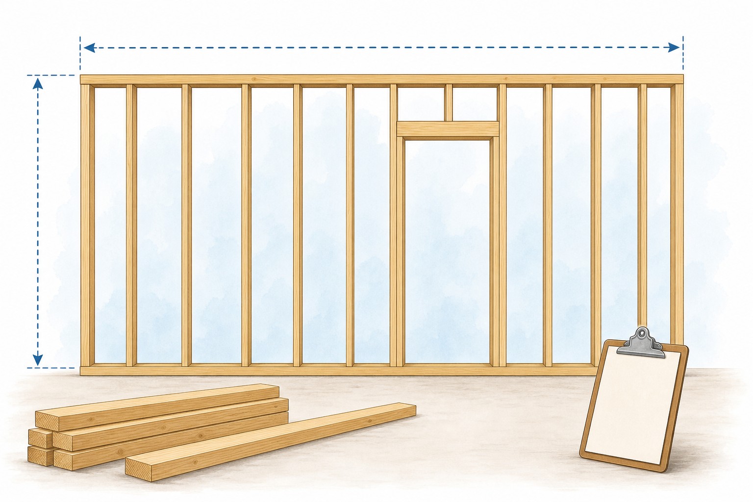 Illustrated wall-framing takeoff showing field studs, corners, an opening, king and jack studs, cripples, plates, and a separate design-verification note.