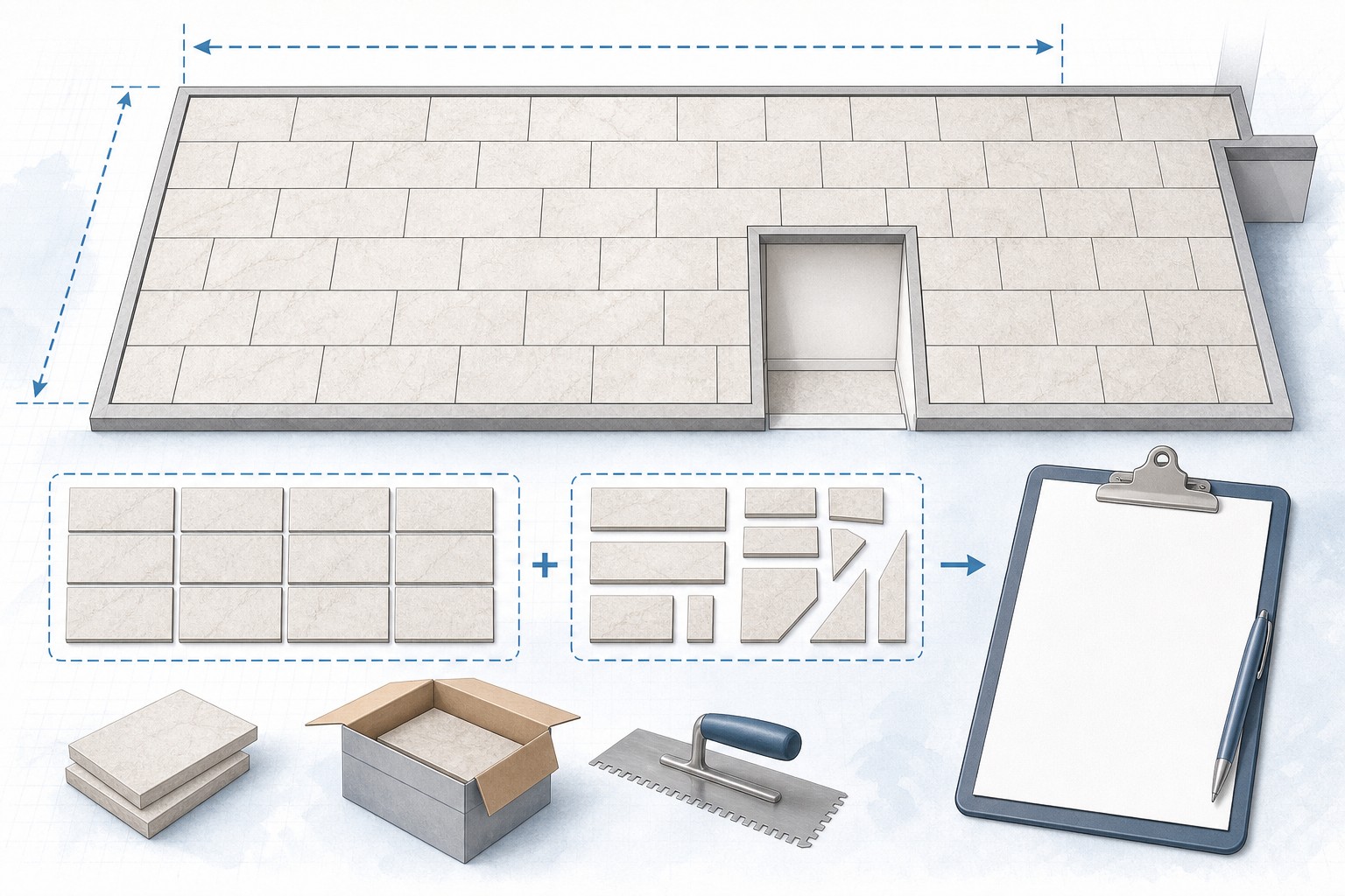 Editorial illustration of a tiled room plan with a centerline layout, measured tile, grout-joint note, box label, and material worksheet.