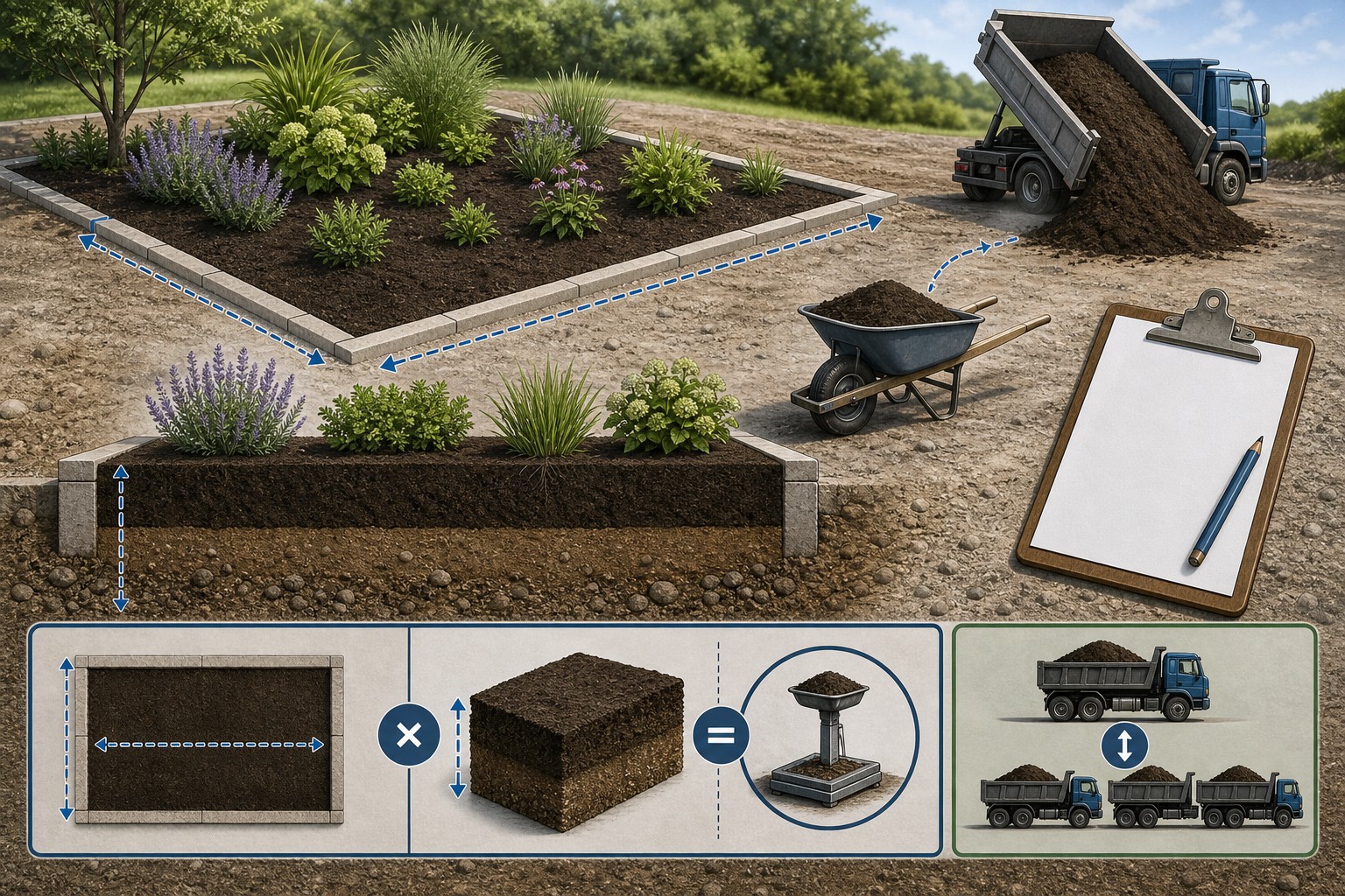 Editorial illustration of a measured landscape area, topsoil depth marker, supplier density note, cubic-yard worksheet, and delivery quote.