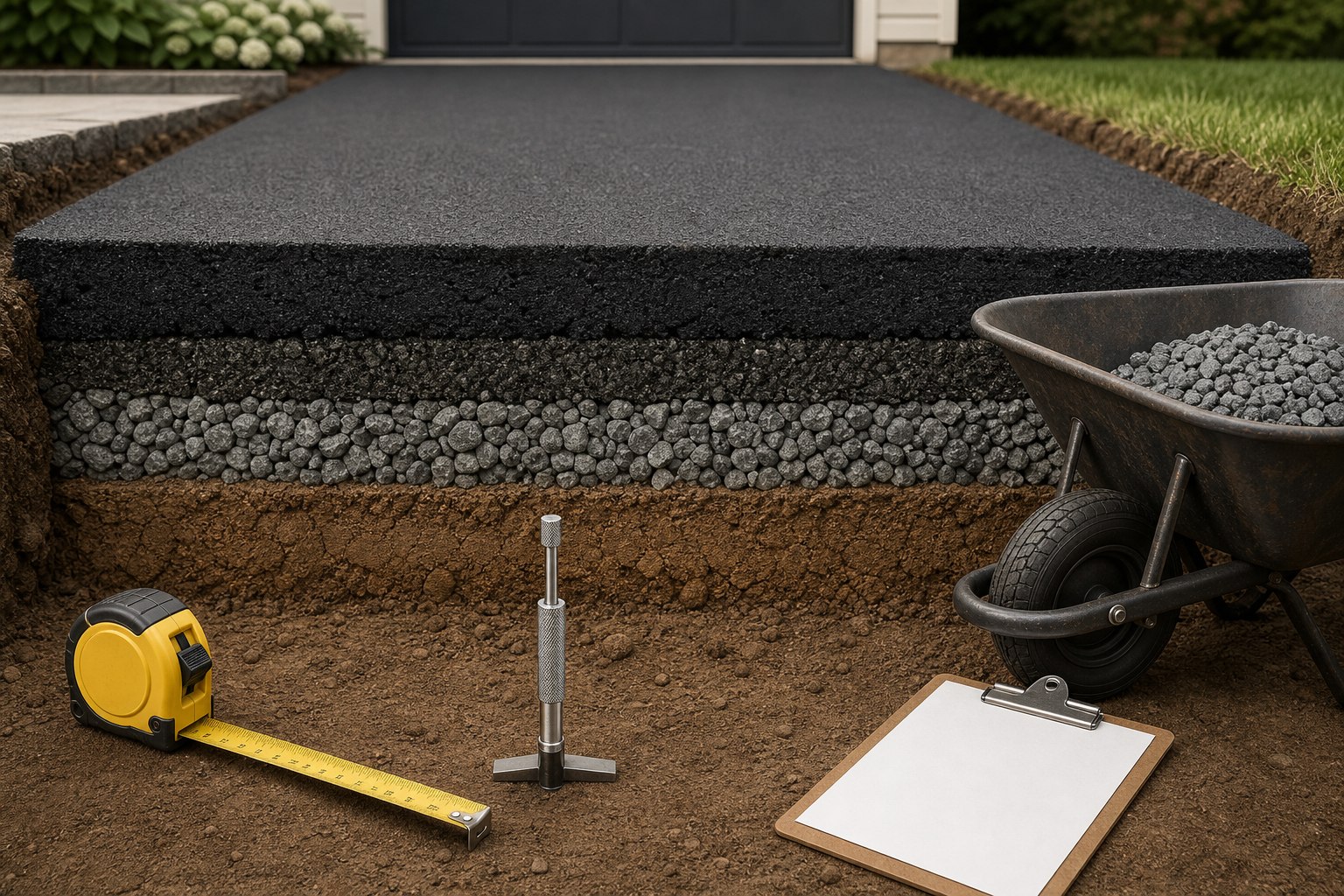 Editorial illustration of a driveway plan with a compacted asphalt section, tape measure, grade stakes, and an asphalt delivery takeoff sheet.