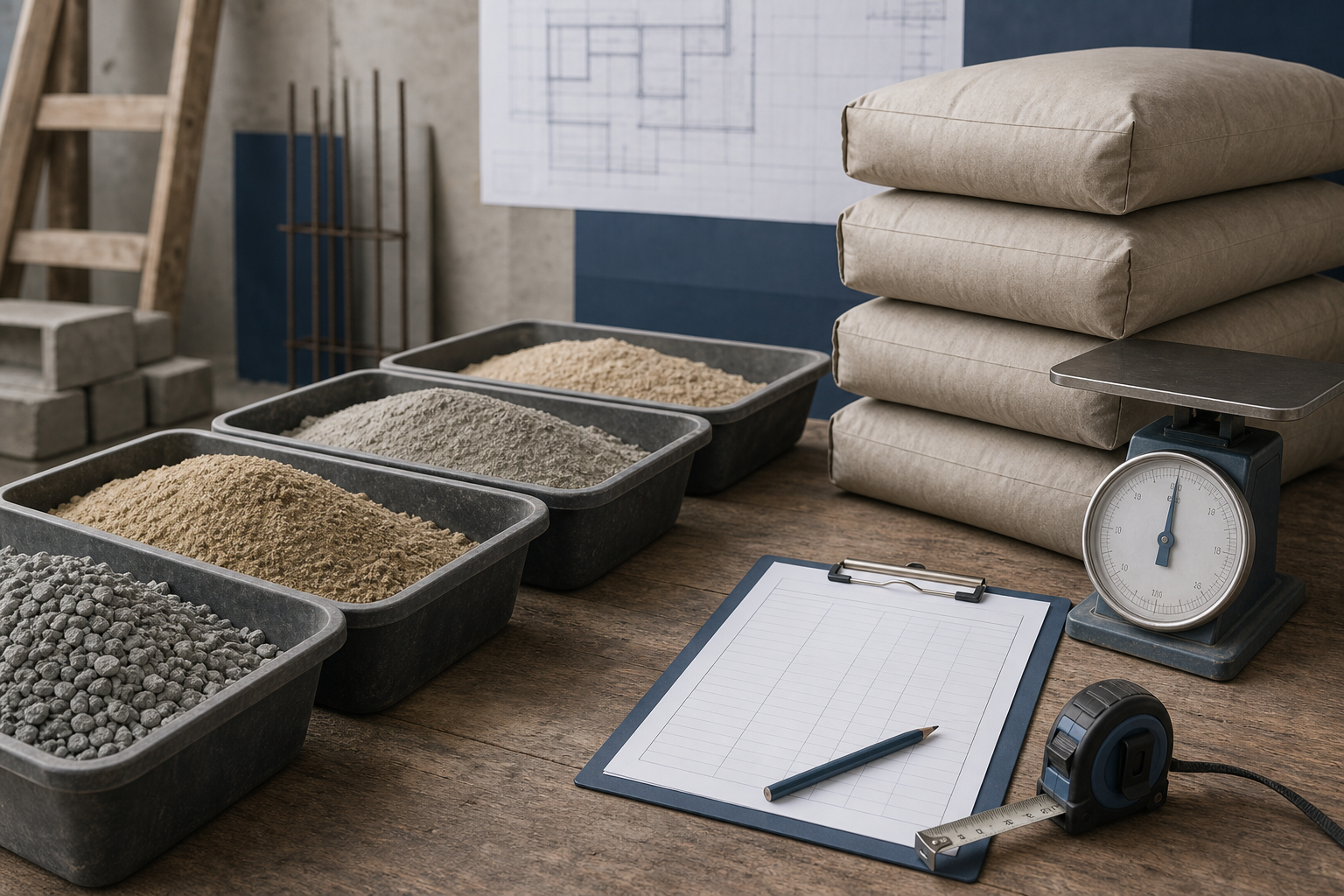 Editorial illustration of separate measured material containers, plain cement bags, a scale, tape measure, and an unlabelled quantity ledger that represents transparent construction material planning.