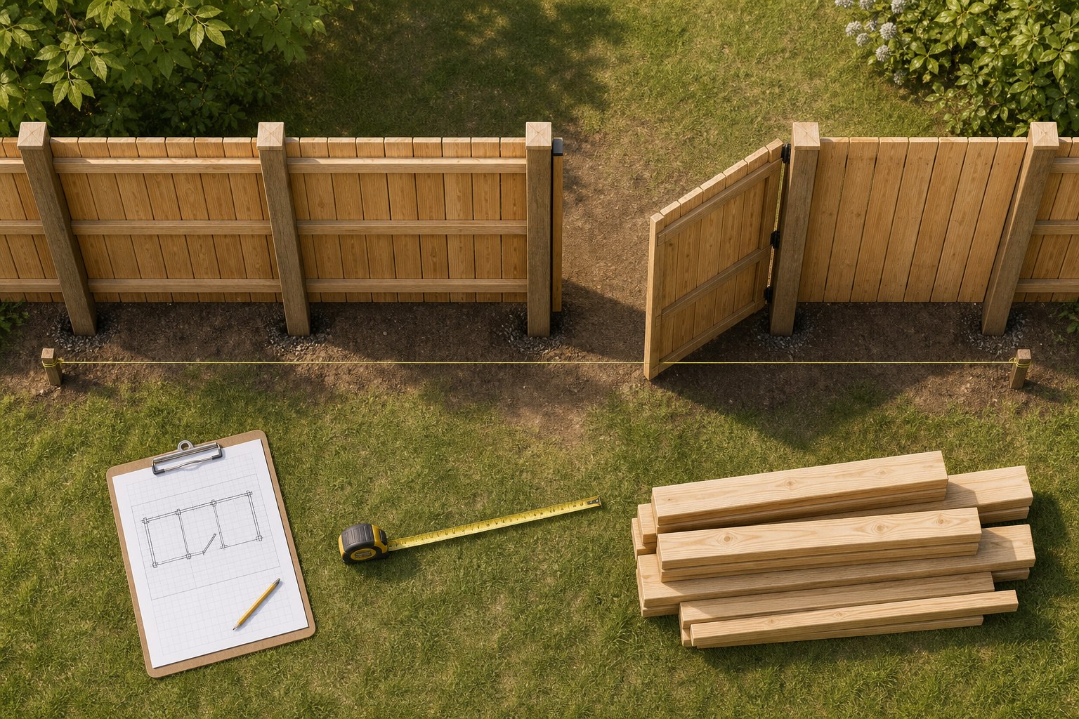Editorial illustration of a backyard fence run with a gate opening, evenly spaced posts, a tape measure, lumber, and a site-layout clipboard.