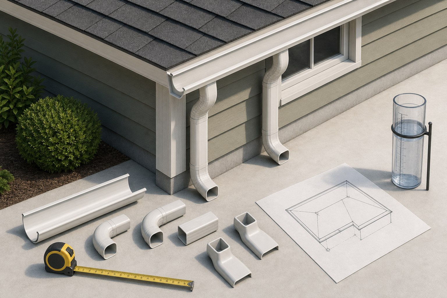 Editorial illustration of a house roof edge with gutters, downspouts, a rain chain alternative, tape measure, and a roof drainage plan.