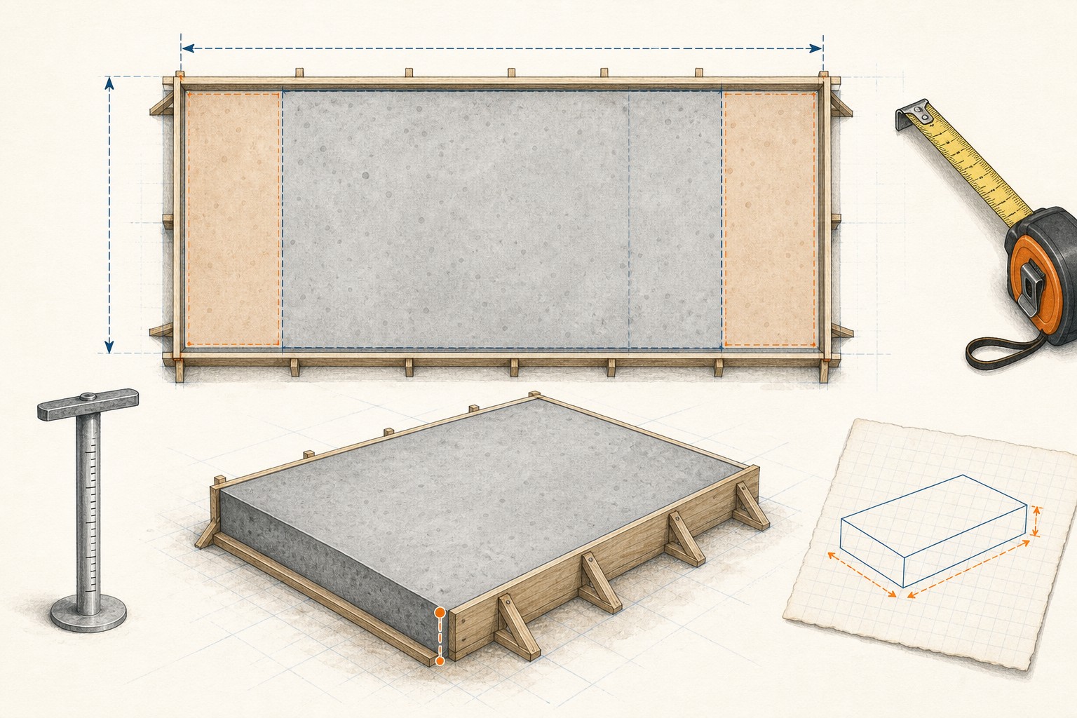 Editorial illustration of a measured concrete slab plan with a main slab, edge zone, and a separate pad.