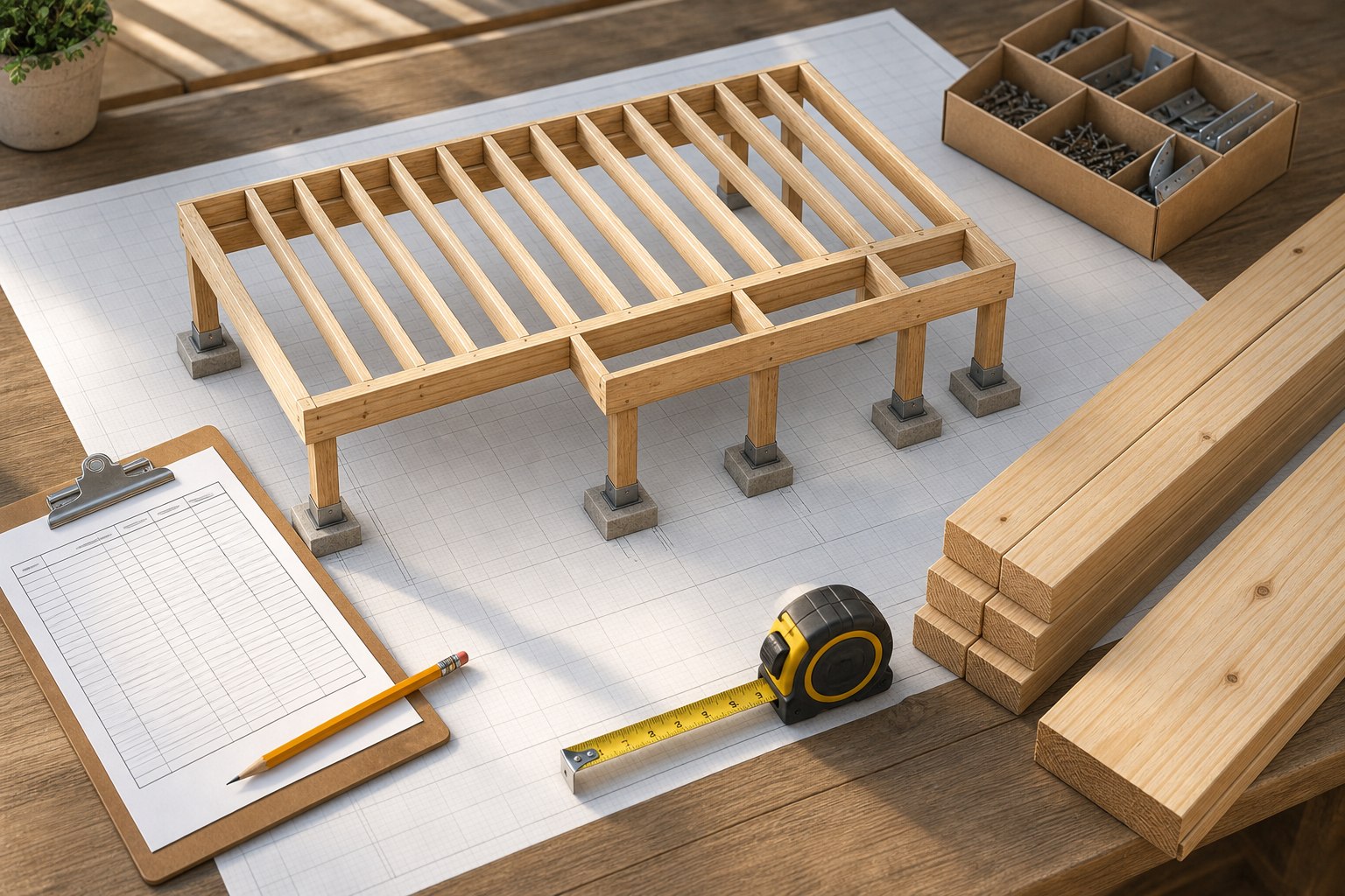 Editorial illustration of a residential deck material takeoff with framing, boards, a tape measure, joist layout marks, and a cut list.