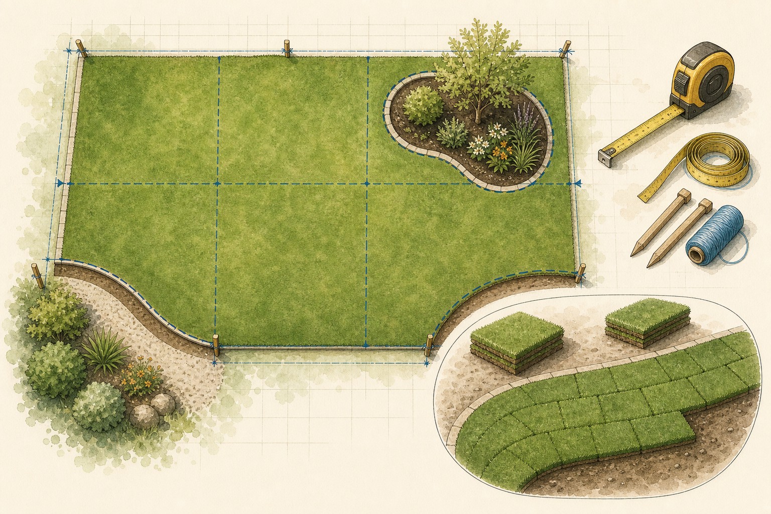 Editorial illustration of a lawn measurement plan with a patio, planting bed, tree, and separately measured turf areas.