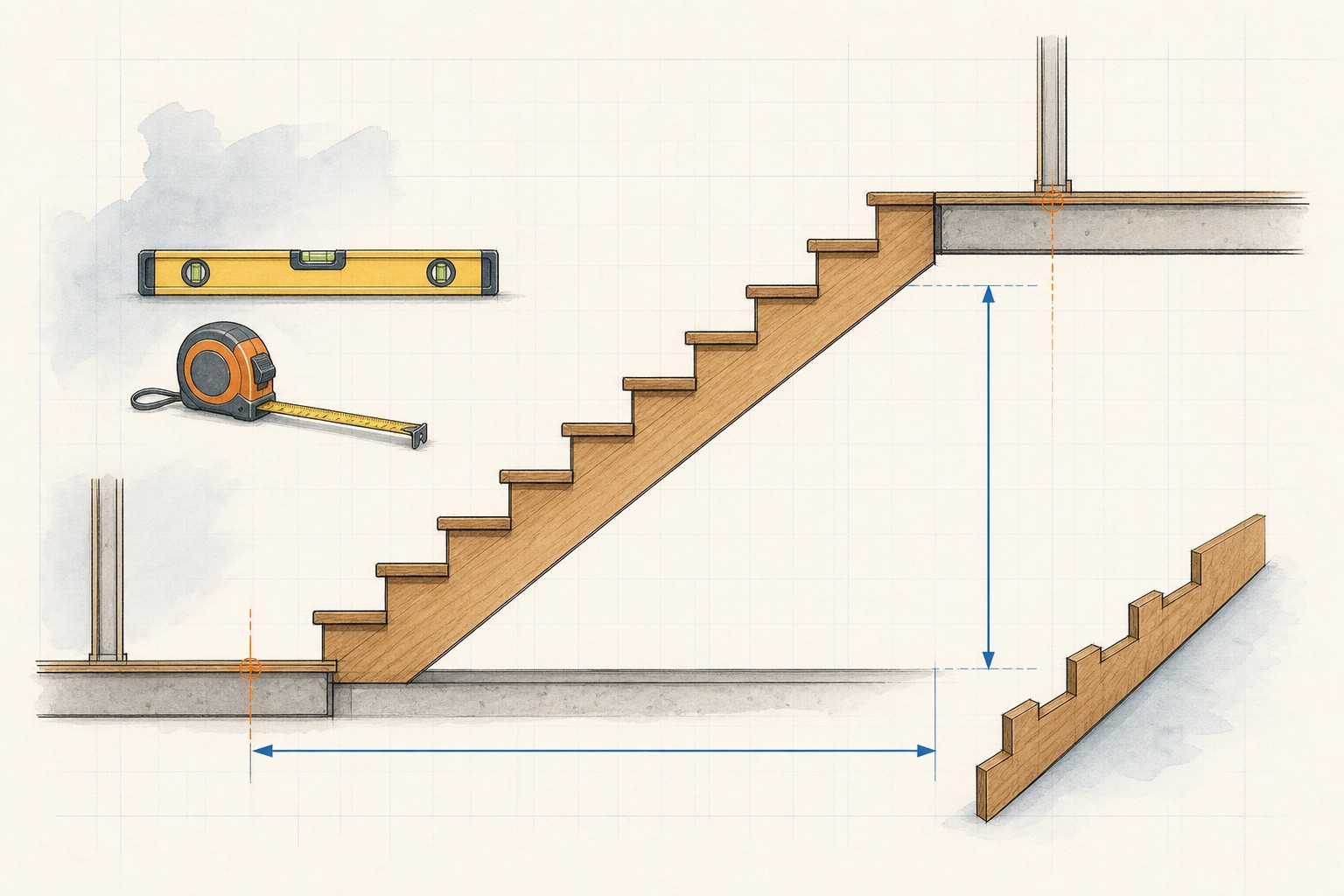 Editorial illustration of a stair opening with a tape measure between lower and upper finished floor surfaces.