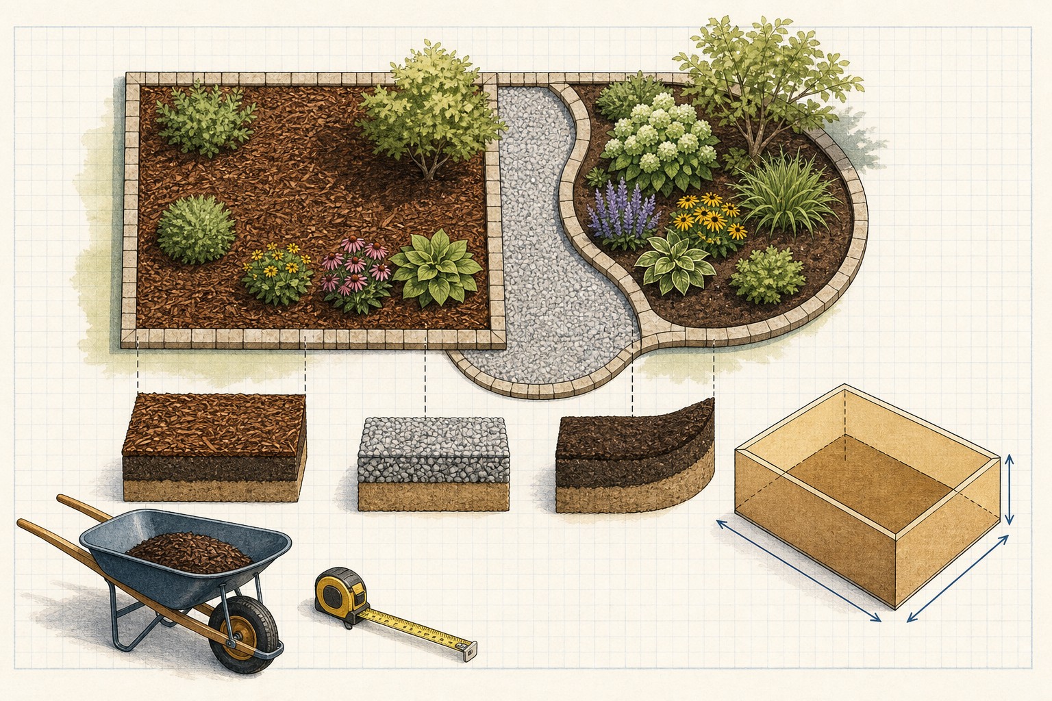 Editorial illustration of an irregular landscape bed divided into measured shapes for a bulk-material yardage takeoff.