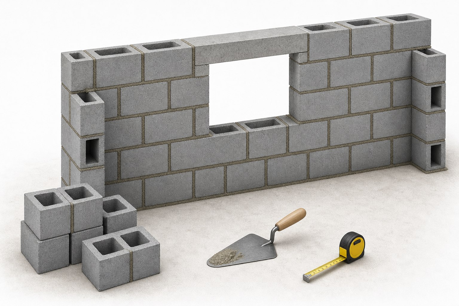 Editorial illustration of a concrete masonry unit wall takeoff with block courses, an opening, corner blocks, a mortar board, tape measure, and a dimension sketch.
