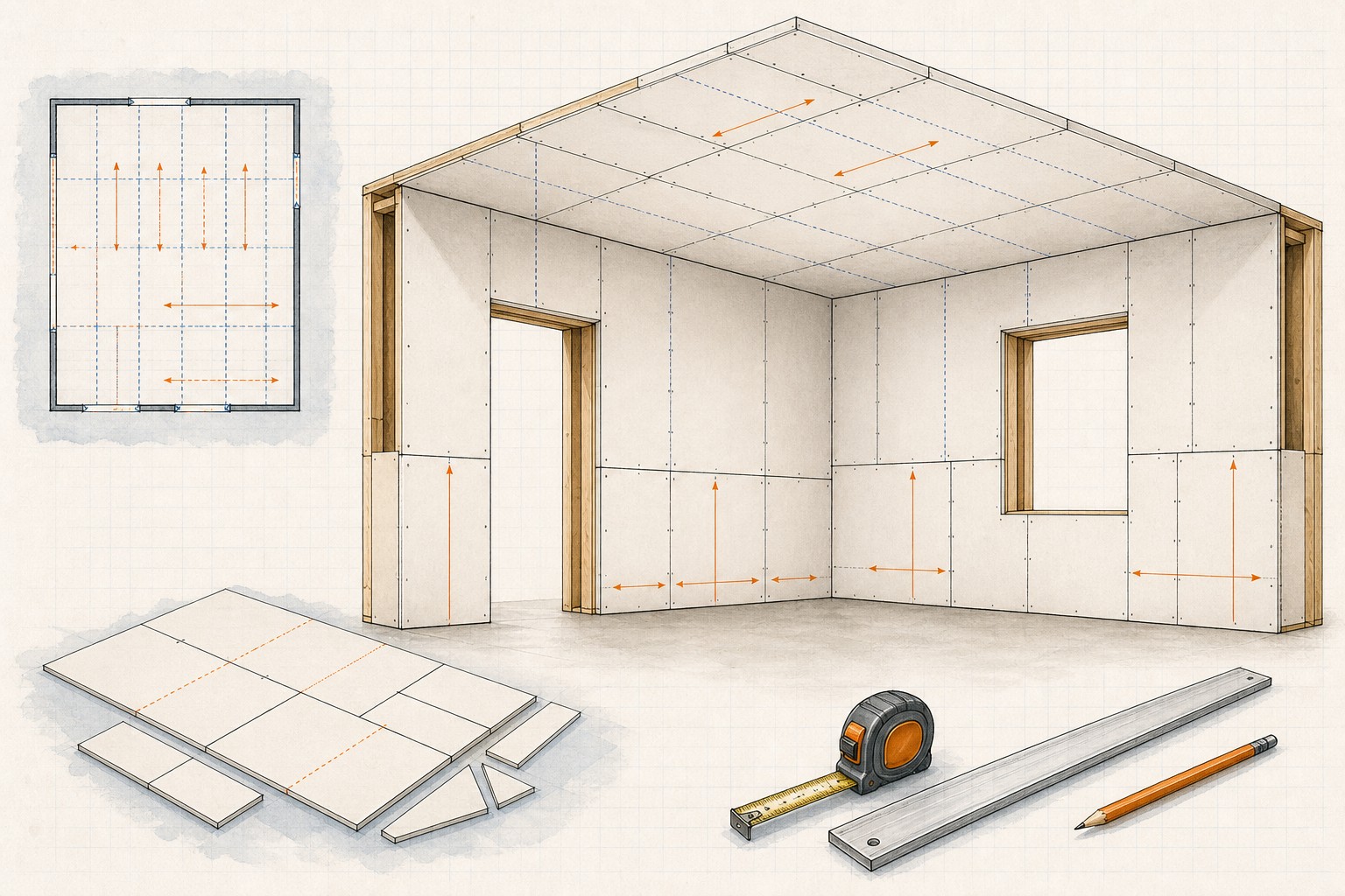 Editorial illustration of a drywall wall takeoff with sheet seams, a door opening, a window, and material notes.
