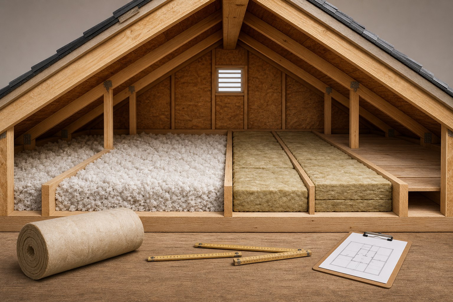 Editorial illustration of an attic insulation takeoff with roof framing, rolls, batts, a tape measure, and a planning sketch.
