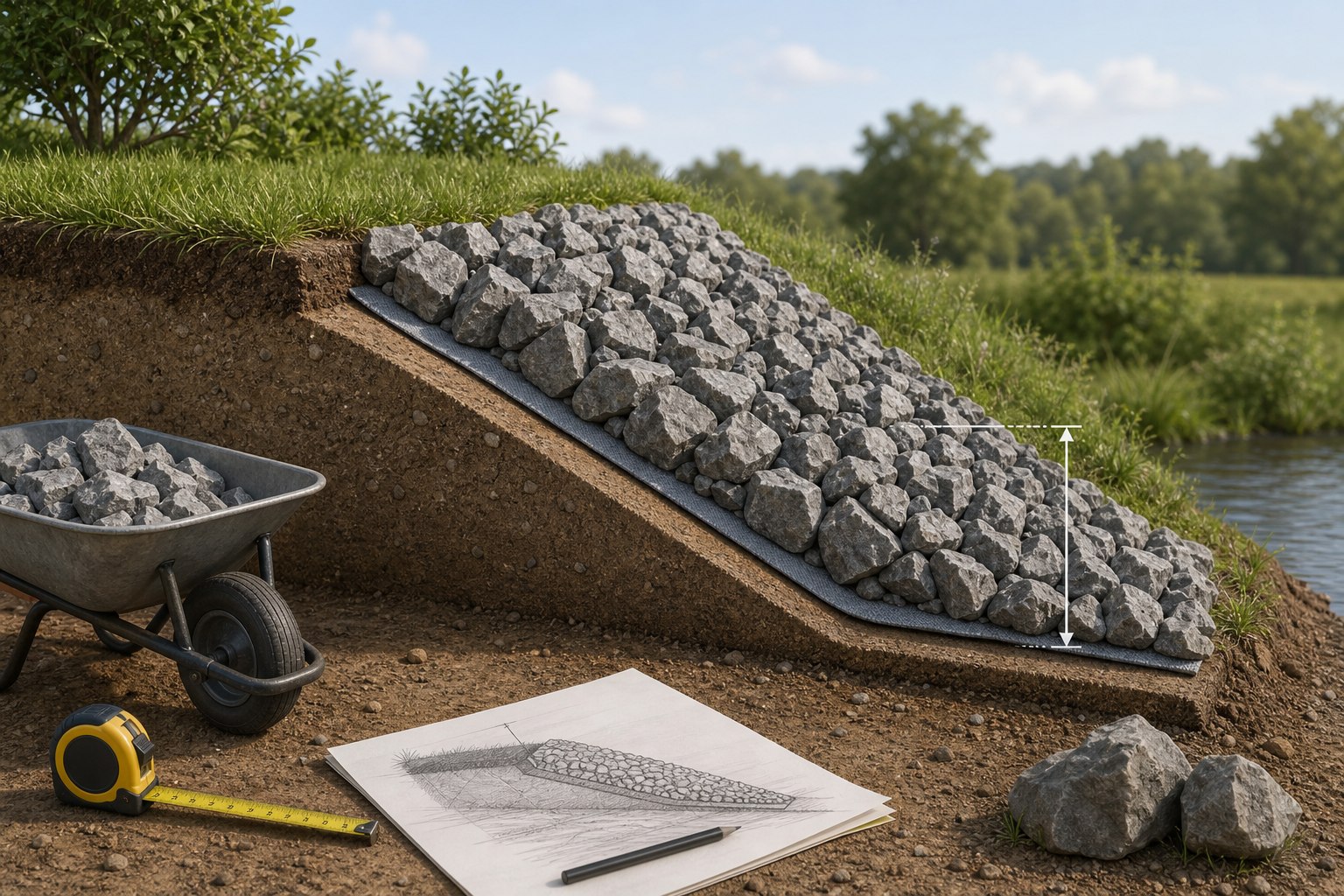 Editorial illustration of a sloped drainage bank with riprap stone, a measured cross section, survey flags, and a material takeoff clipboard.