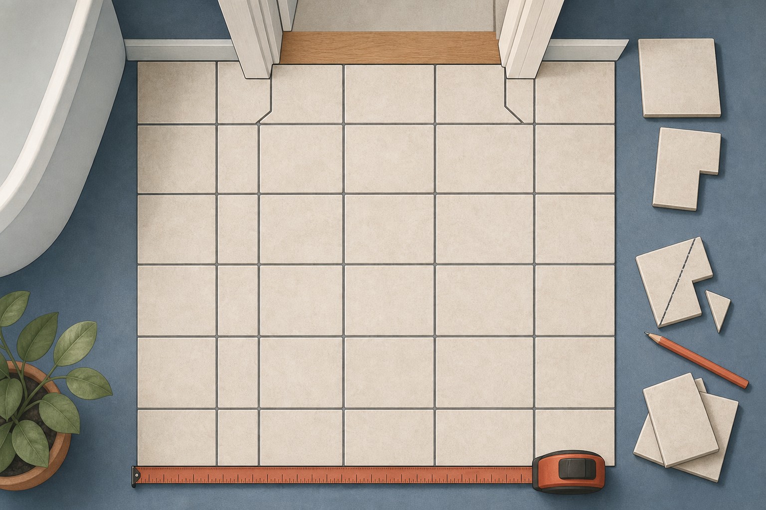 Top-down editorial illustration of a tiled floor with a tape measure, doorway cuts, spare tiles, and a waste allowance concept.