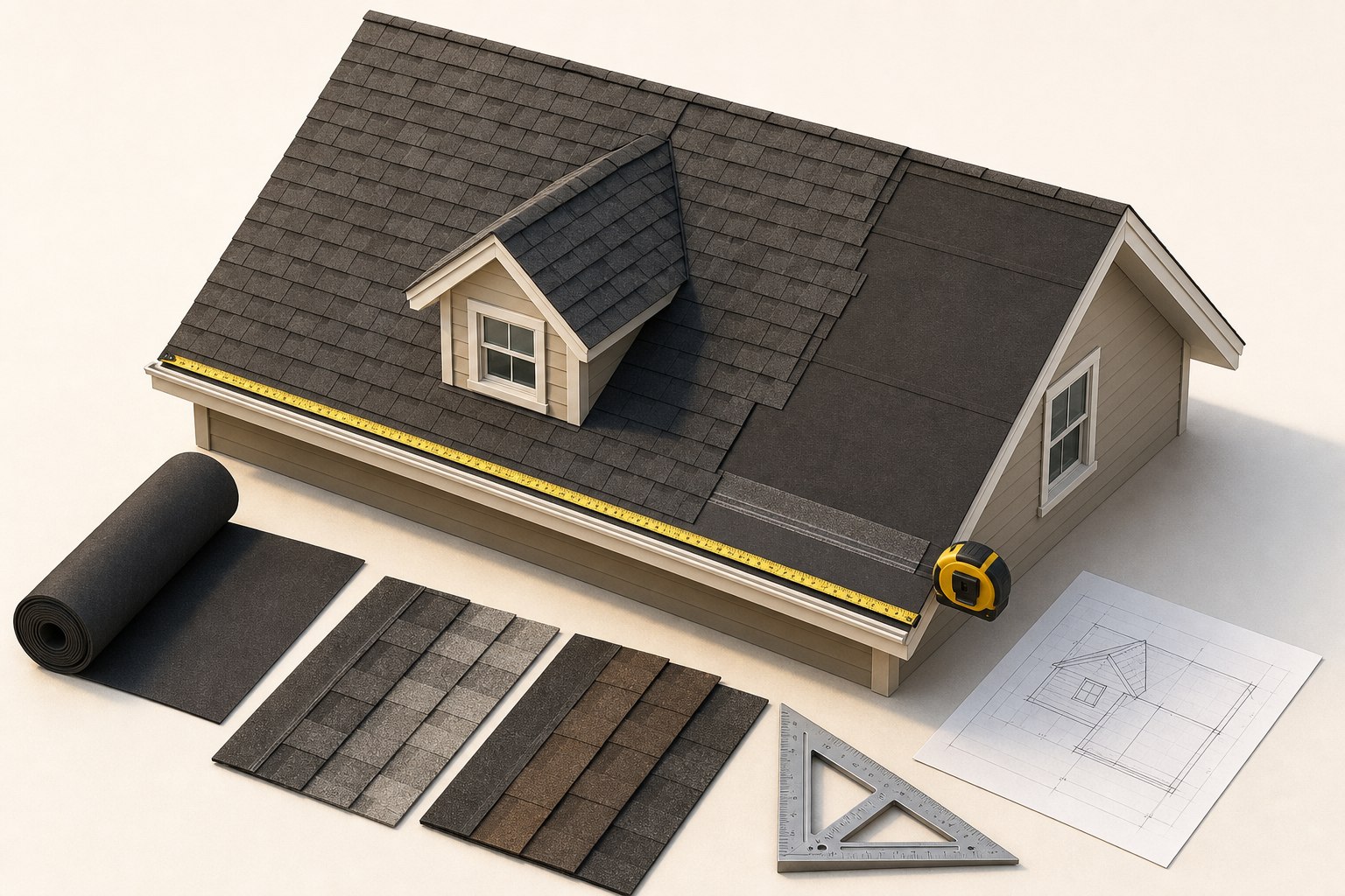 Editorial illustration of a house roof plan with distinct roof planes, a pitch gauge, tape measure, ridge line, valleys, and roofing-material notes.