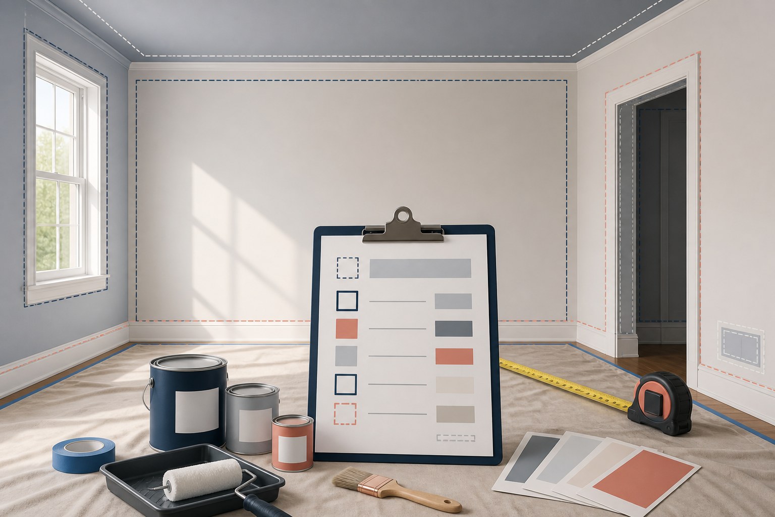 Editorial illustration of a measured room with wall, ceiling, opening, and trim zones marked beside a paint takeoff clipboard, paint cans, tape measure, roller, and colour swatches.