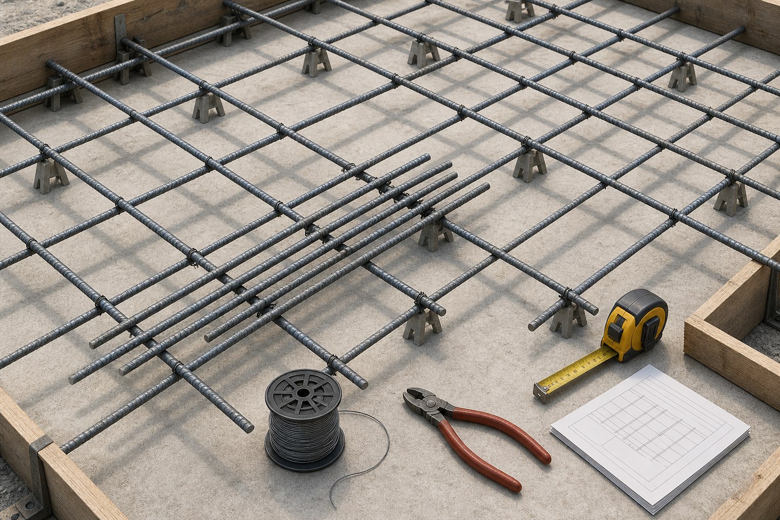Editorial illustration of a concrete slab reinforcement plan with perpendicular rebar grid lines, spacing marks, lap zone, tie wire coil, chairs, and a bar schedule sheet.