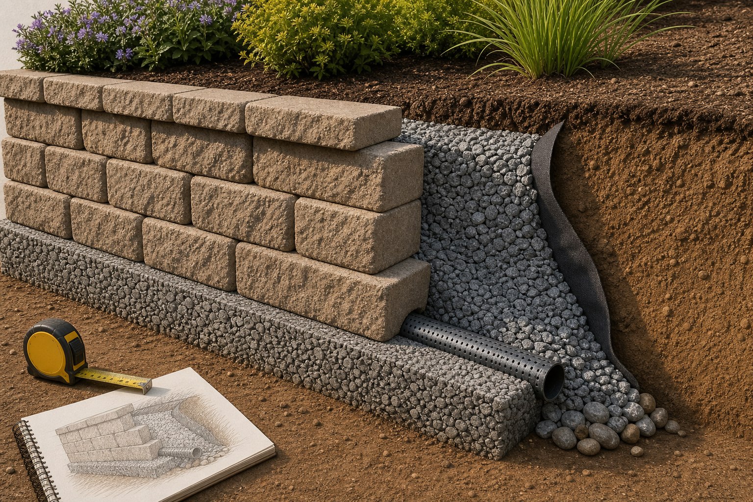 Editorial cutaway illustration of a segmental retaining wall with facing blocks, level base, drainage aggregate, drain pipe, retained soil, and a dimension worksheet.