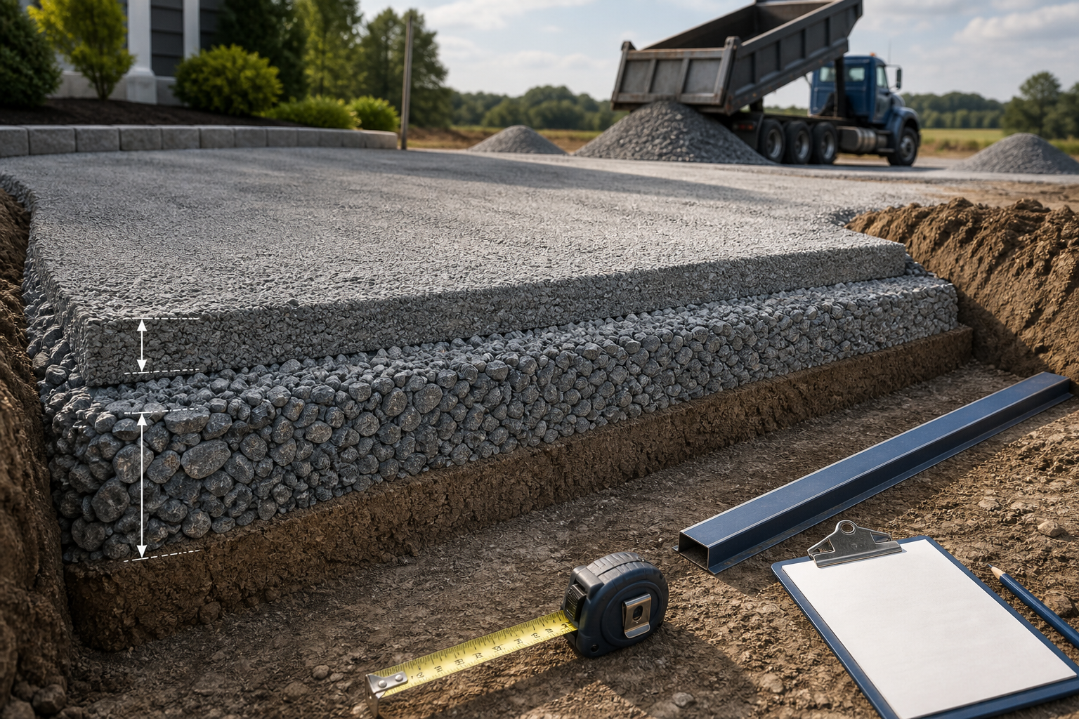 Editorial illustration of a road-base layer shown as a finished compacted cross-section beside a takeoff clipboard that separates finished volume, loose order volume, tons, and delivery details.