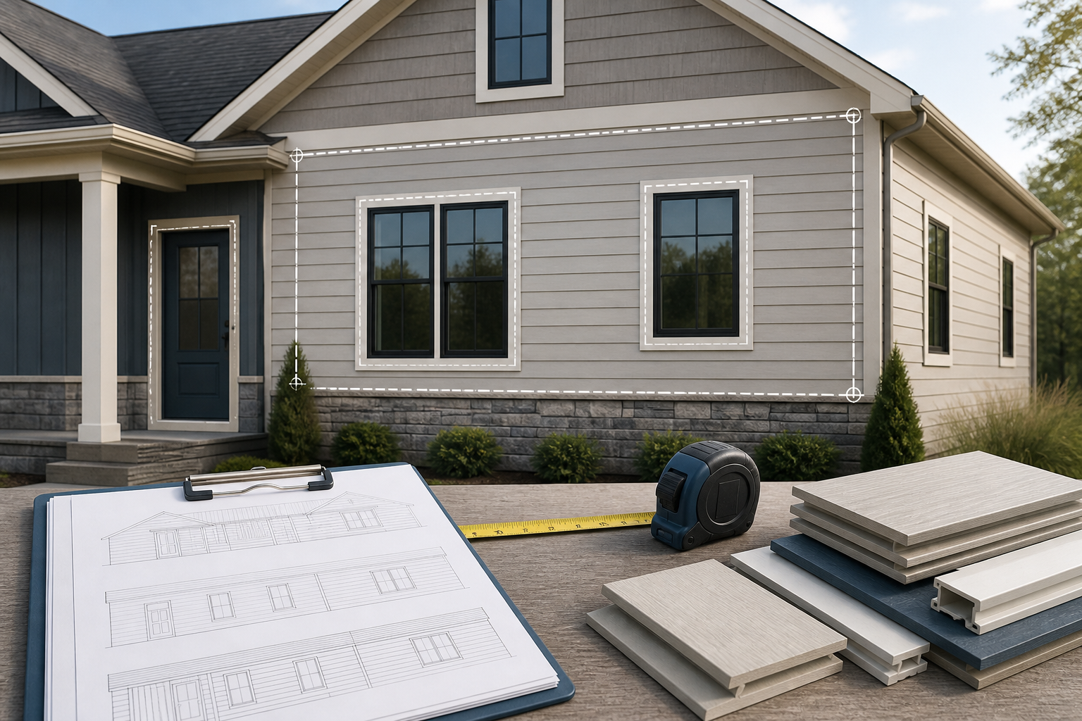 Editorial illustration of a house with four measured siding elevations, window and door schedules, a gable calculation, sample cladding panels, trim pieces, and a takeoff ledger.